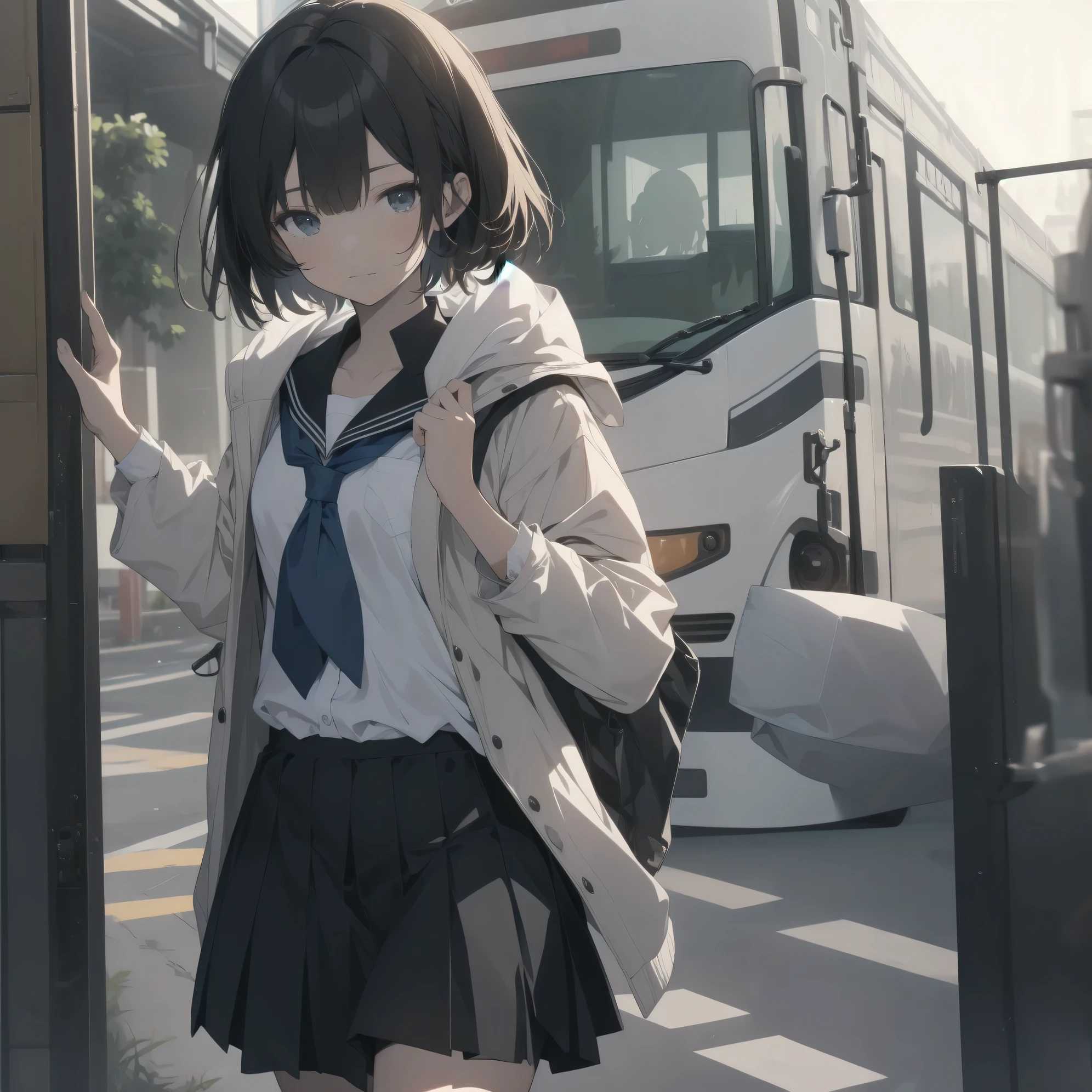 Ultra-highest quality by the art god, super detailed, High resolution,  anime moe art style, Best Anime 8K Kona-chan Wallpaper, pixiv contest winner, perfect anatomy, break,(眠そうにalone学校へ行く女の子を描いてください. )dutch angle, break, 1 girl,(alone,little woman,13 years old:1.3),All limbs, full finger,, The charm of an immature body, (very short hair), messy hair, bangs, flat chest, Small Bodysuits, small ass, between legs, clavicle, small eyes, black eye, detailed and beautiful eyes, Well-proportioned iris and pupils, expressive eyes, lips with beautiful details, High resolutionの詳細な髪, skirt, pleated skirt, neckerchief, sailor collar, school uniform, serahuku,  short sleeve, shirt, (detailed lighting), (detailed background),  On the way to school. break,super dense skin, Best lighting by famous artists, 8k, figure,Hmm, rough skin,Absurd Hi-Res