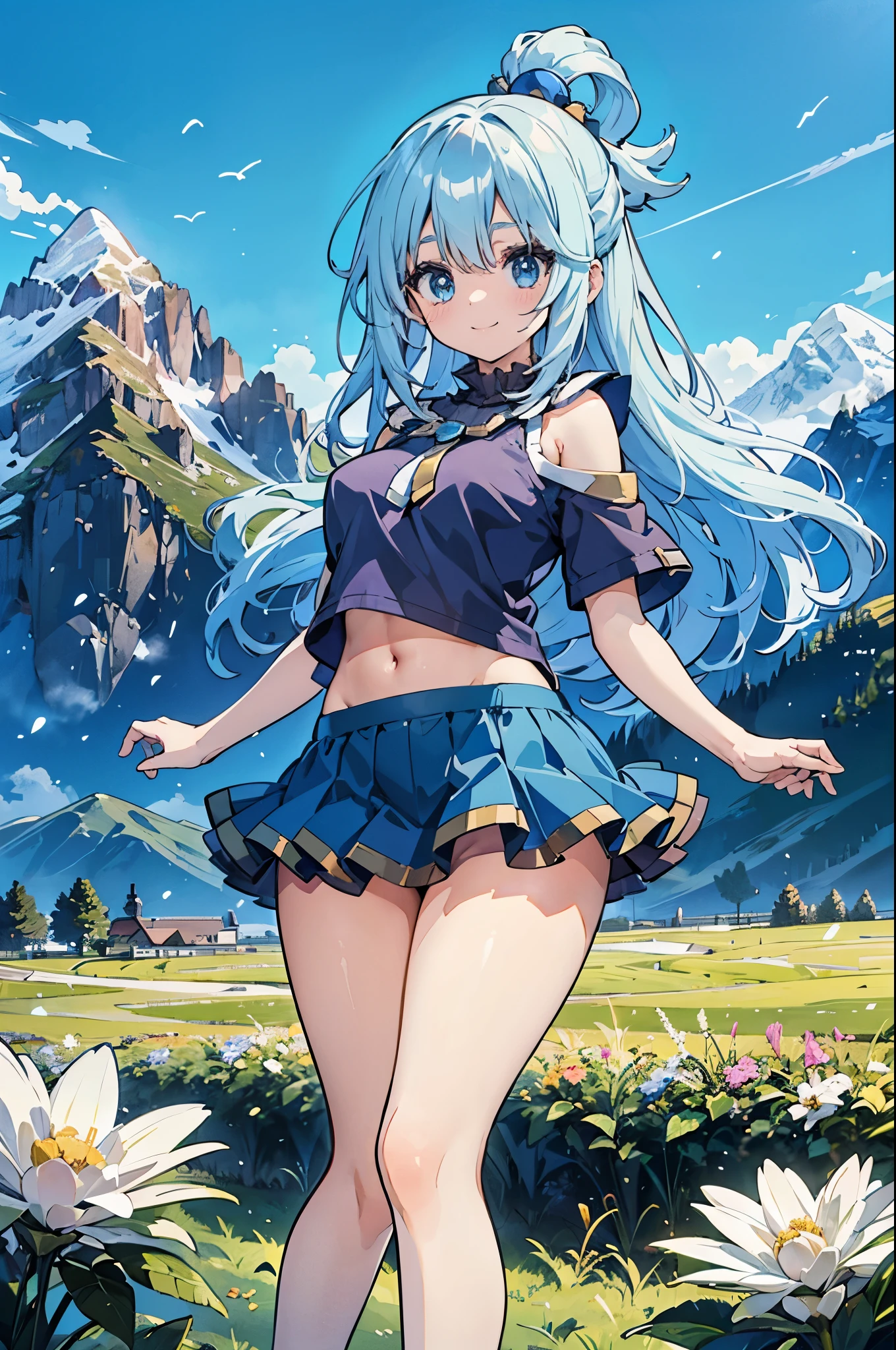 ealistic image, coherent image, detailed image, 1 beautiful girl. She has light blue hair, long hair. Her eyes are light blue, long eyelashes. Her face is oval and delicate, smiling. She is wearing a short-sleeved off-the-shoulder t-shirt, showing her navel, transparent pleated mini skirt, sneakers, she has a curvy body, medium breasts, thick thighs, background of mountains, surrounded by a field of flowers, natural lighting, volumetric lighting