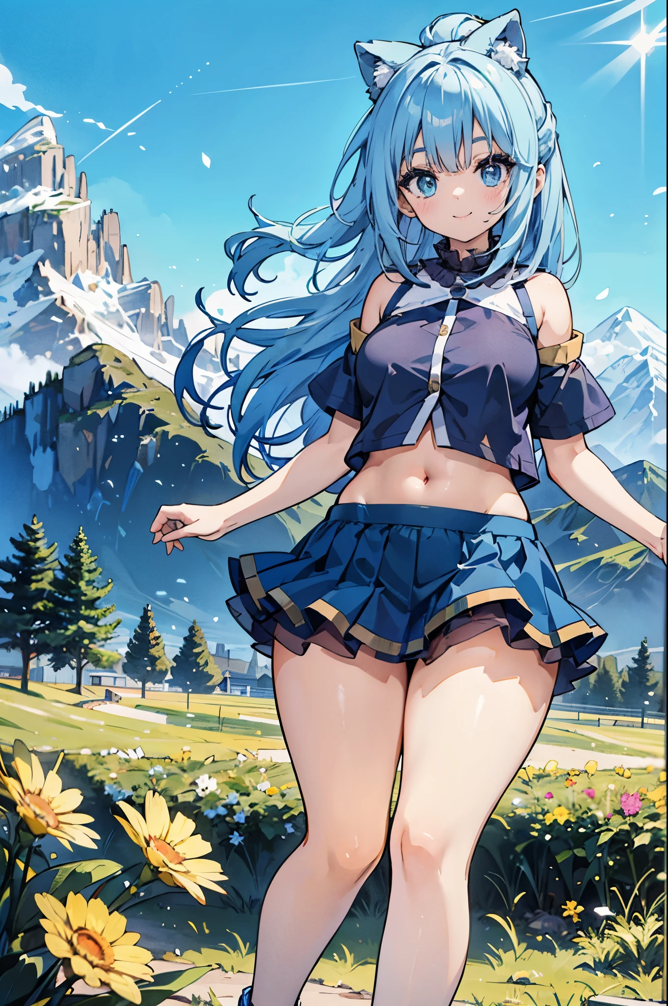 ealistic image, coherent image, detailed image, 1 beautiful girl. She has light blue hair, long hair. Her eyes are light blue, long eyelashes. Her face is oval and delicate, smiling. She is wearing a short-sleeved off-the-shoulder t-shirt, showing her navel, transparent pleated mini skirt, sneakers, she has a curvy body, medium breasts, thick thighs, background of mountains, surrounded by a field of flowers, natural lighting, volumetric lighting