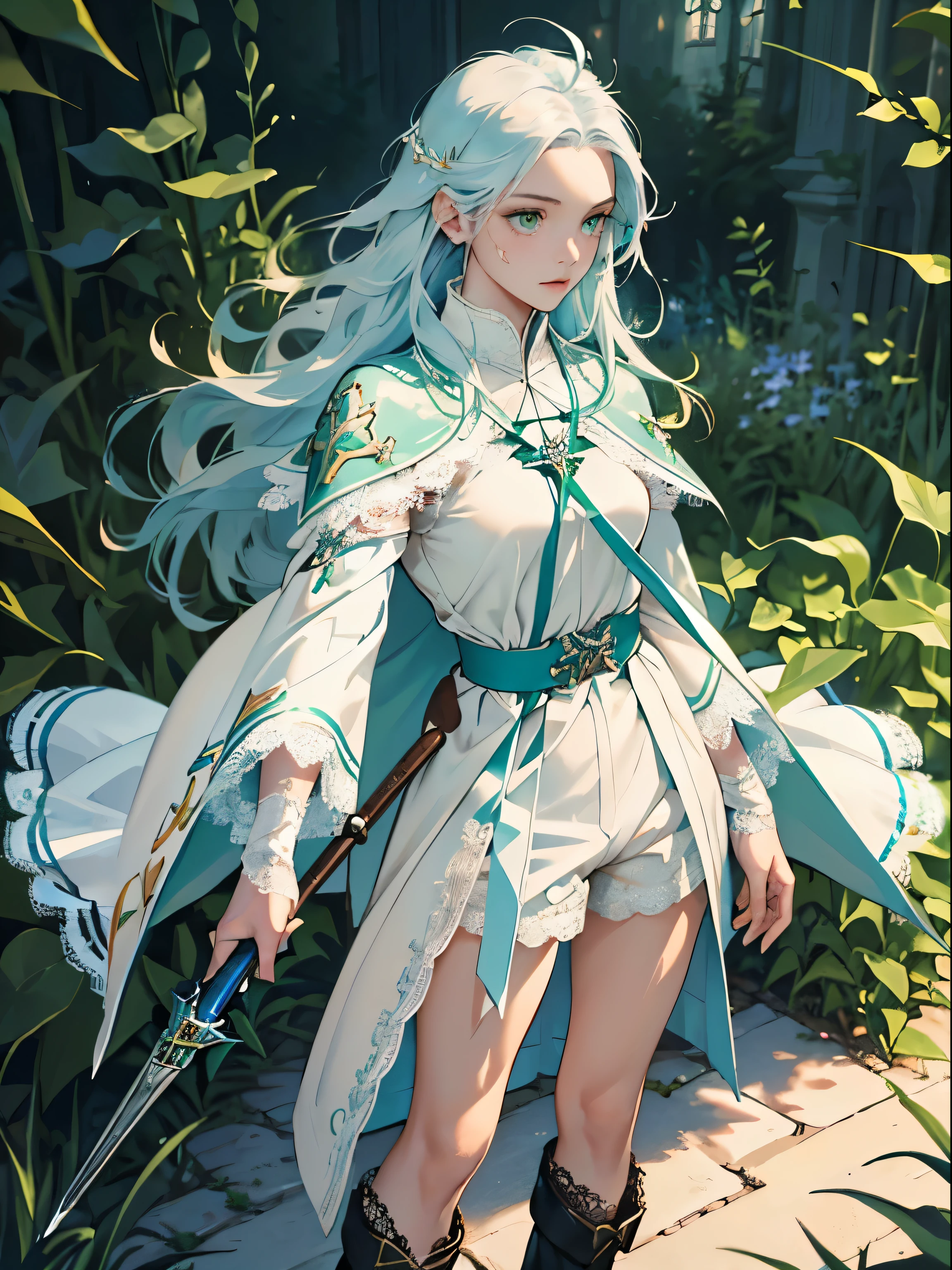 masterpiece, super detailed, 8K portrait, RAW photo, portrait photography, highly detailed face, beautiful and detailed eyes, ((fantasy)), young and beautiful, (((Female priests))), (((((Are standing))))), ((light blue long thin hair)), Ahoge, amount, kind face, white skin, (((green and white puffy sleeve lace priest&#39;s robe))), ((brown cloak)) fluttering in the wind, (((low leg shorts))), leather boots, ((((equip a magic wand)))), midday sun, surreal, body model, small breasts, beautiful breasts, long legs, In the medieval adventurer&#39;s guild, environmental lighting, shadow details, focus the camera on the face, strong wind, light fog