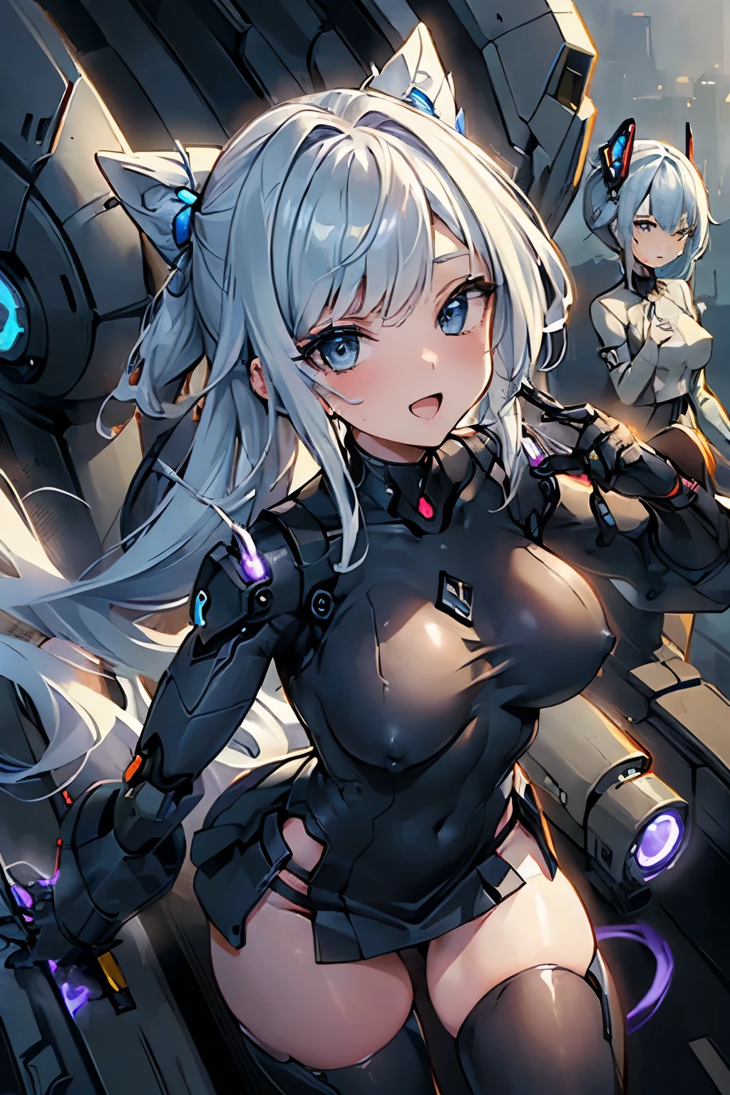 (hetero couple:2), (cityscape:1.5), (NSFW, topless bare small middle boobies, uncensored bare pussy:1.6), (Face of love, I'm so happy:1.5), (cyborg girl:1.5), low , dynamic angle, stylish free pose, (headphone, mechanical fuselage, mechanical clothing), looking at the viewer, (hime cut, long hair:1.5), (blue mini skirt:1.5), plastic corset, Beautiful light effect, glowing skin, (removable long sleeves, very wide sleeve:1.5), (caution decal, corporate logotype:1.2), (small open mouth:1),