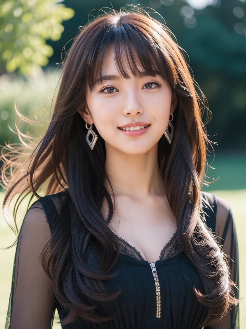 highest quality, High resolution, very delicate and beautiful, highly detailed face, highly detailed eyes, Upper body, beautiful mature woman, (24-years-old), enchanting smile , curly hair, long hair, dancing,the wind is strong, black hair, dull bangs, parted bangs, earrings