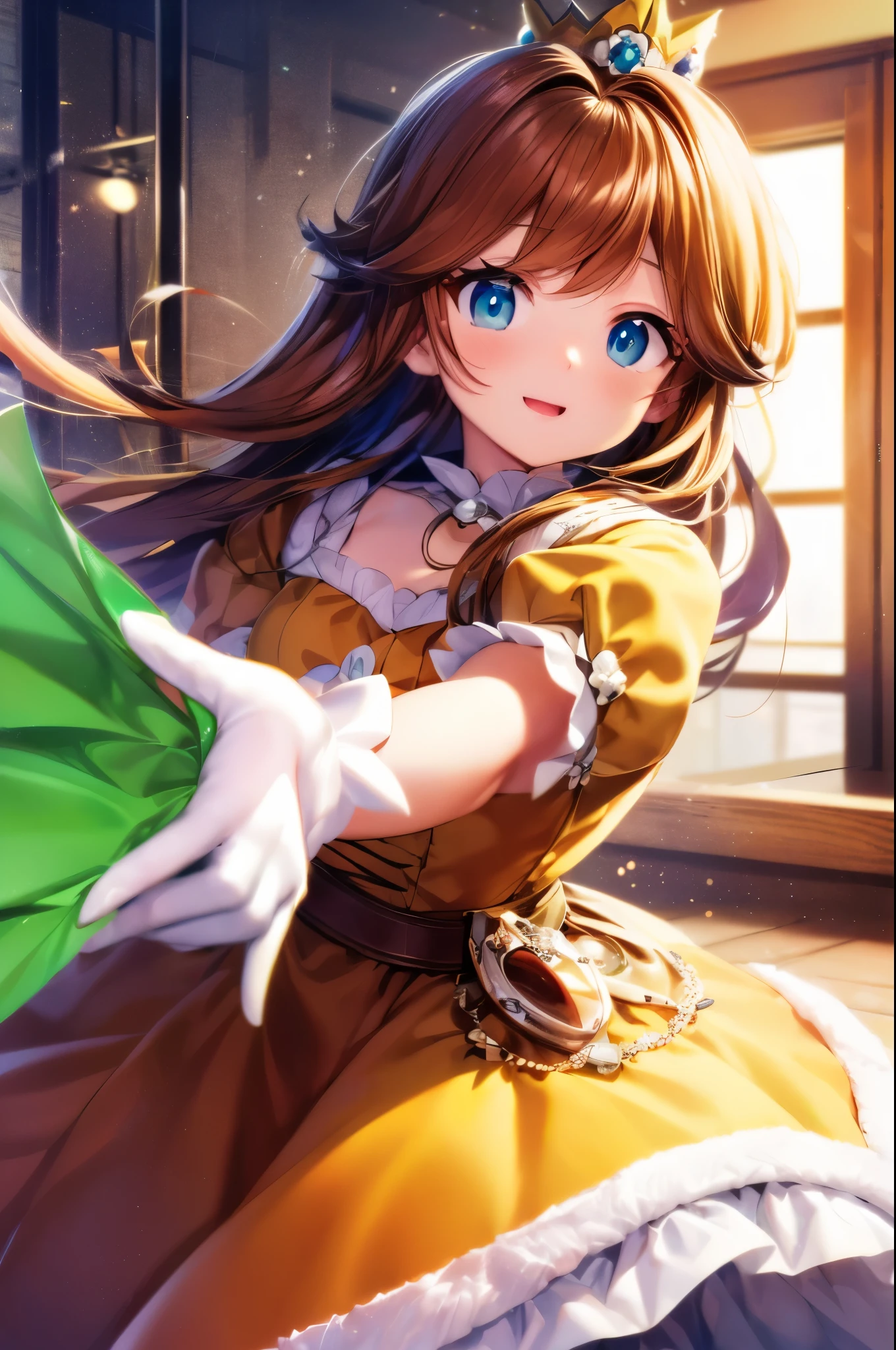 プリンセスdaisy、daisy姫、blue eyes、brown hair, long hair、orange hair、break CROWN、daisy、orange dress、flower、gem、white gloves、orange dress、ふくらんでいるshort sleeve、puffy sleeves、short sleeve、white gloves、break indoor、break Look at the beholder、break、(masterpiece:1.2)、highest quality、High resolution、unity 8k wallpaper、(An illustration: 0.8)、(detailed and beautiful eyes:1.6)、highly detailed face、perfect lighting、Detailed CG、(perfect hands、perfect anatomy)