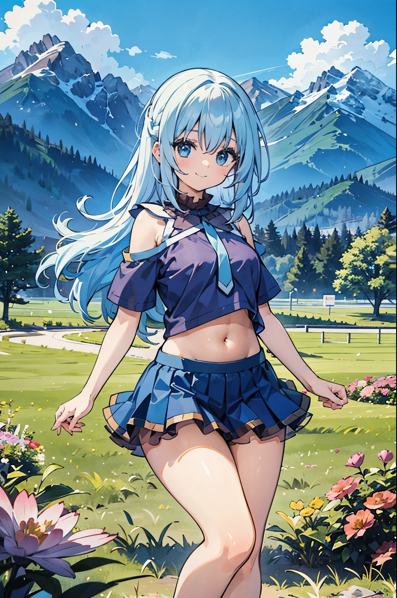 ealistic image, coherent image, detailed image, 1 beautiful girl. She has light blue hair, long hair. Her eyes are light blue, long eyelashes. Her face is oval and delicate, smiling. She is wearing a short-sleeved off-the-shoulder t-shirt, showing her navel, transparent pleated mini skirt, sneakers, she has a curvy body, medium breasts, thick thighs, background of mountains, surrounded by a field of flowers, natural lighting, volumetric lighting