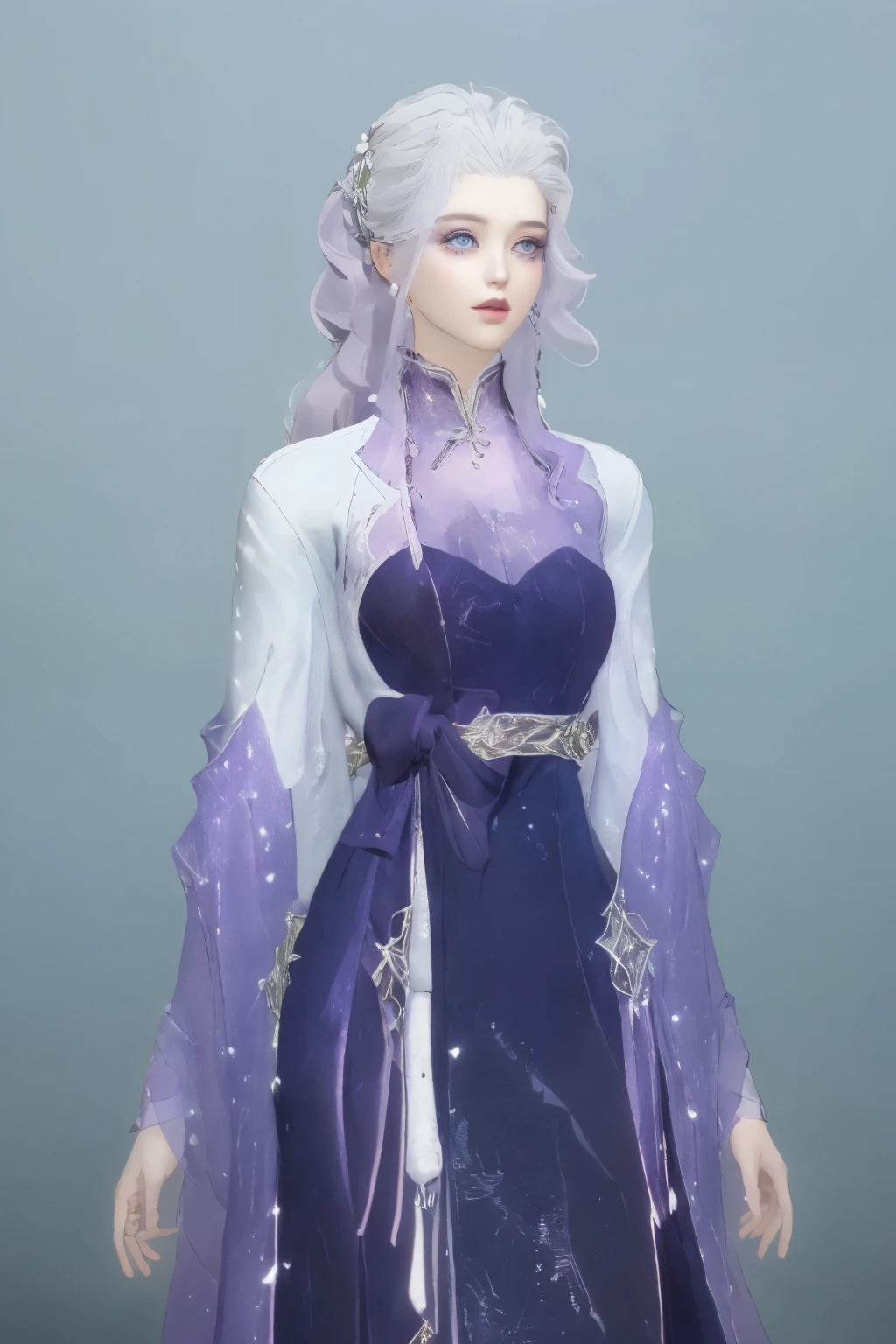 （best quality，masterpiece：1.2），ultra high resolution，realistically，front lighting，intricate details，Exquisite details and textures，（1 girl），solo，upper part of body，Purple Hanfu，好漂亮的big eyes，purple dress，Petal decoration，beautiful face，facing the audience，ribbon，gossamer，（young），facial highlights，Detailed production，tear nevus，White skin，silver hair，high ponytail，looking at the audience，big eyes，（hollow pattern），ear nipple ring，fit，White background，right hand，professional lighting，photon mapping，radio city，Physically based rendering
