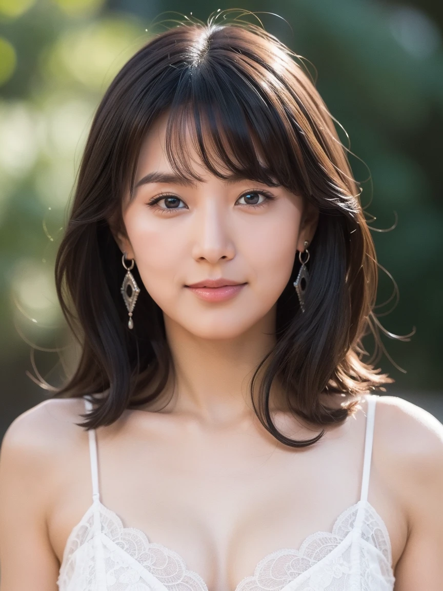 highest quality, High resolution, very delicate and beautiful, highly detailed face, highly detailed eyes, Upper body, beautiful mature woman, (24-years-old), enchanting smile , curly hair, long hair, dancing,the wind is strong, black hair, dull bangs, parted bangs, earrings