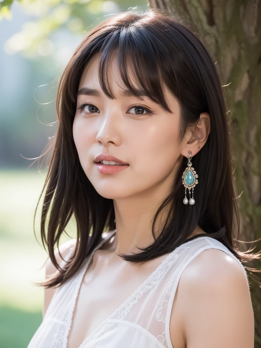 highest quality, High resolution, very delicate and beautiful, highly detailed face, highly detailed eyes, Upper body, beautiful mature woman, (24-years-old), enchanting smile , curly hair, long hair, dancing,the wind is strong, black hair, dull bangs, parted bangs, earrings