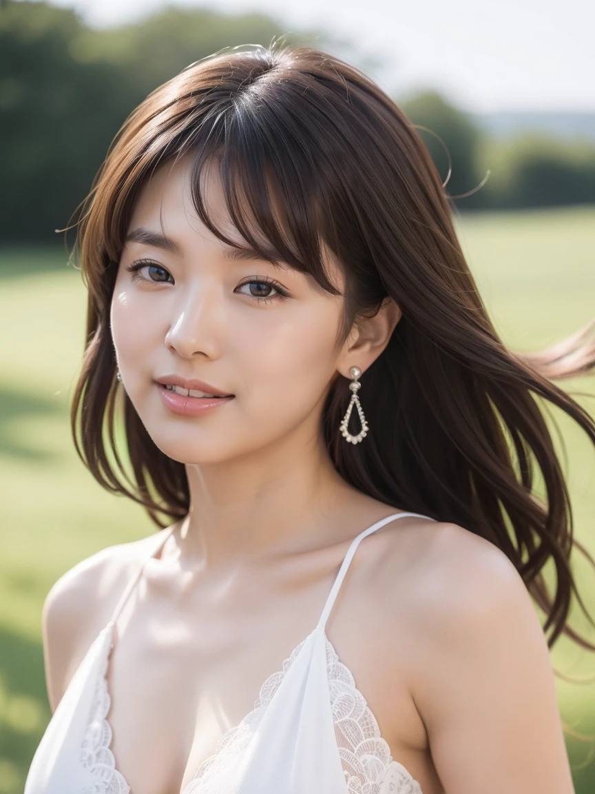 highest quality, High resolution, very delicate and beautiful, highly detailed face, highly detailed eyes, Upper body, beautiful mature woman, (24-years-old), enchanting smile , curly hair, long hair, dancing,the wind is strong, black hair, dull bangs, parted bangs, earrings