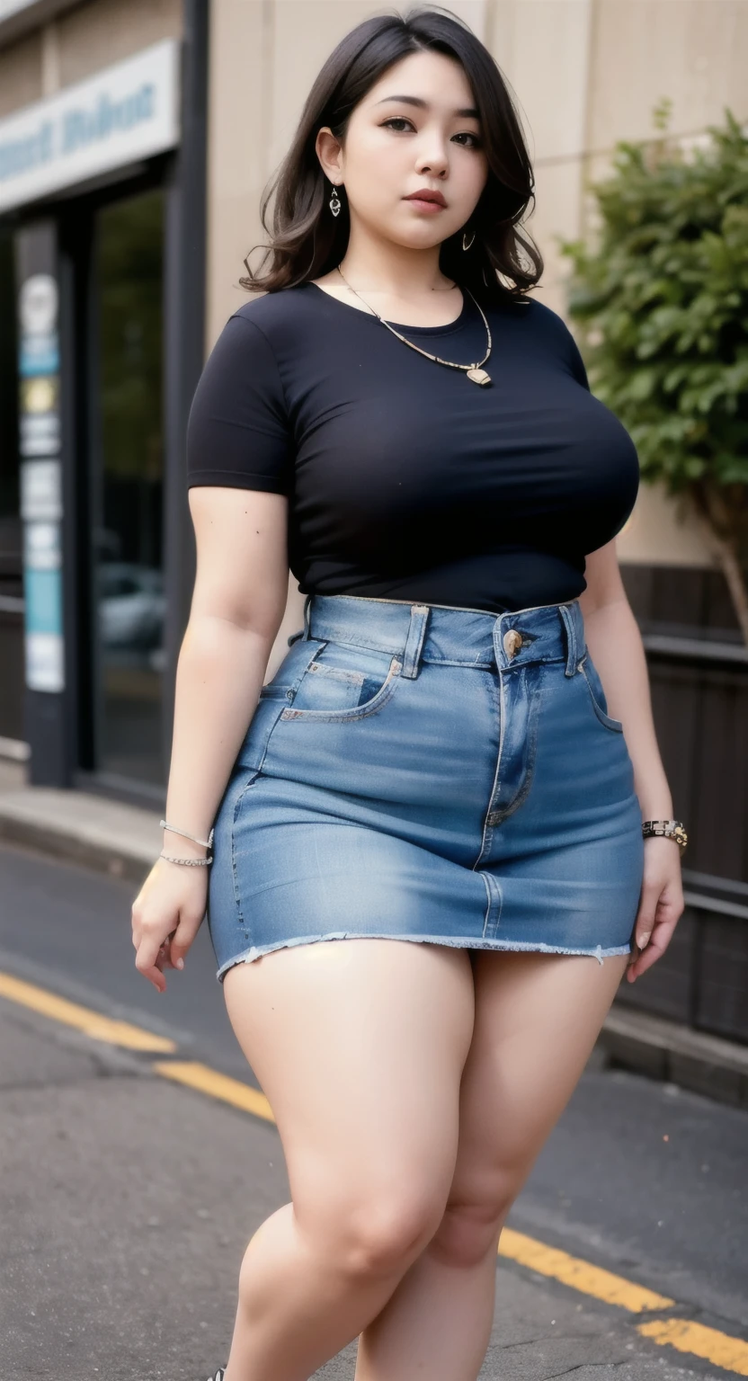 ((best quality)), ((masterpiece)), (detailed), perfect face, araffe woman in a dark-blue shirt and blue denim skirt walking down a street, thicc, wavy hair , she has a jiggly fat round belly, bbwchan, wearing tight simple clothes, skinny waist and thick hips, widest hips, her belly is fat and round, soft curvy shape, hyperrealistic full figure, wearing a cute top, wide hips, wearing 10 bracelet , wearing huge diamond necklace
