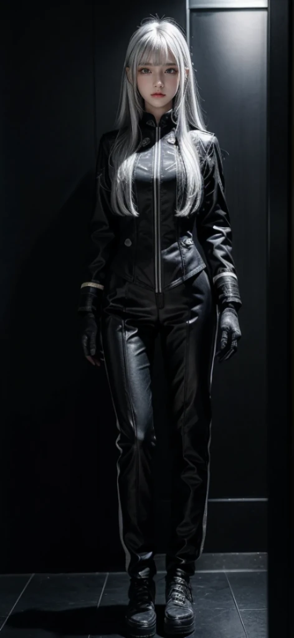 shiny hair,4 fingers,{{{{{White eyes}}}}},{{{{{White eyes}}}}},{long hair},{{straight hair}},gloves,black clothes,black military suit,{military},{{{{{dull bangs}}}}},Hard hair,(slanted eyes},{{whole body},{{{1 girl}}}, {{{{silver hair}}}},{{{Tsurime}}},36 years old,white people,silver eyes,thin,{{{masterpiece}}}, {{{highest quality}}}, {{super detailed}}, {figure}, {{very delicate and beautiful}},very detailed,detailed perfect,detailed hyper,militaryまたは海militaryの制服