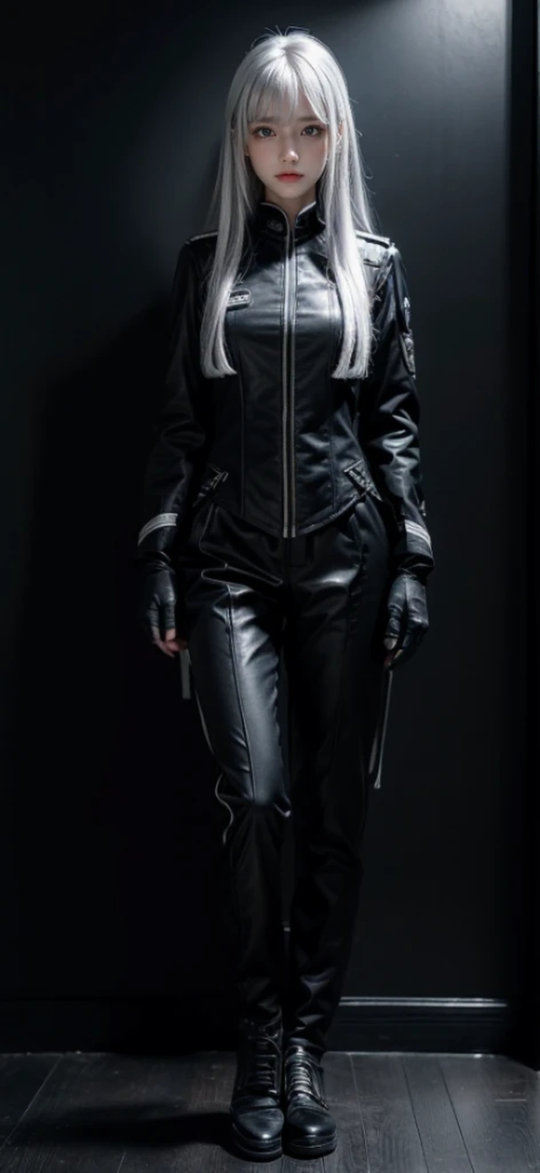 shiny hair,4 fingers,{{{{{White eyes}}}}},{{{{{White eyes}}}}},{long hair},{{straight hair}},gloves,black clothes,black army suit,{army},{{{{{dull bangs}}}}},Hard hair,(slanted eyes},{{whole body},{{{1 girl}}}, {{{{silver hair}}}},{{{Tsurime}}},36 years old,white people,silver eyes,thin,{{{masterpiece}}}, {{{highest quality}}}, {{Super detailed}}, {shape}, {{very delicate and beautiful}},very detailed,detailed perfect,detailed hyper,armyまたは海armyの制服