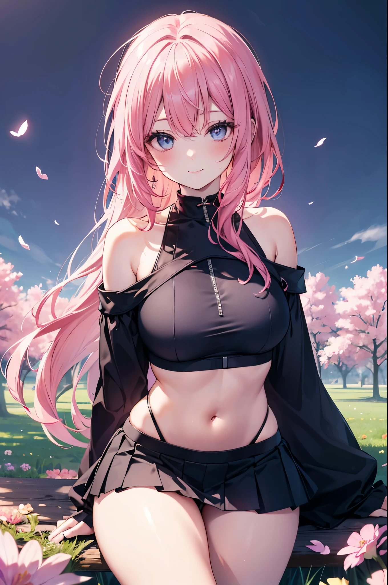 realistic image, coherent image, detailed image, 1 beautiful woman. She has pink hair, long hair. Her eyes are purple, long eyelashes, fox ears. Her face is oval and delicate, smiling. She is wearing a short-sleeved off-the-shoulder t-shirt, showing her navel, a white pleated mini skirt, a thin thong, and sneakers. She has a curvy body, medium breasts, thick thighs. background of a Taoist tempo, surrounded by a field of flowers, natural lighting, volumetric lighting,