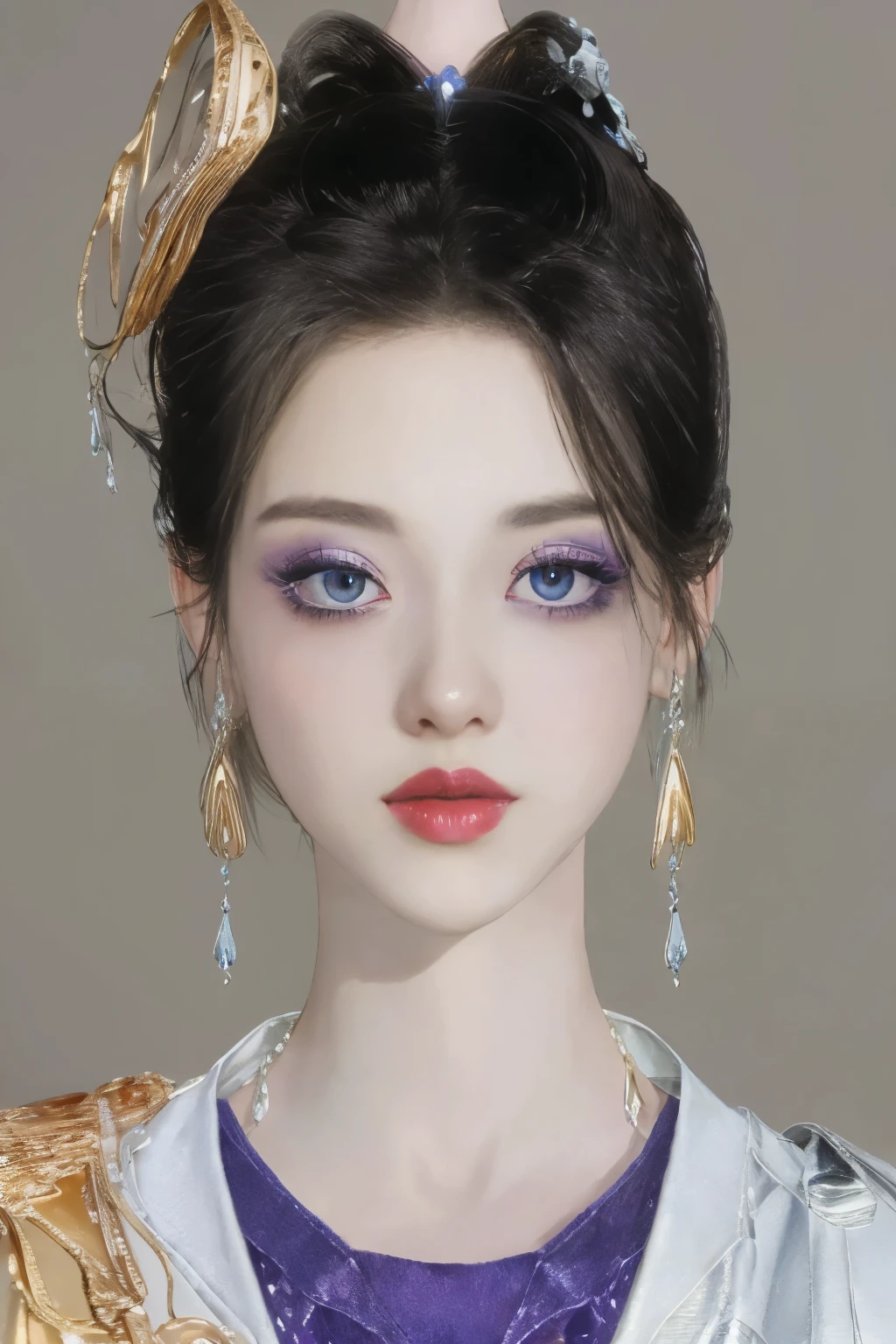 （best quality，masterpiece：1.2），ultra high resolution，realistically，front lighting，intricate details，Exquisite details and textures，（1 girl），solo，upper part of body，Purple Hanfu，好漂亮的big eyes，purple dress，Petal decoration，beautiful face，facing the audience，ribbon，gossamer，（young），facial highlights，Detailed production，tear nevus，White skin，silver hair，high ponytail，looking at the audience，big eyes，（hollow pattern），ear nipple ring，fit，White background，right hand，professional lighting，photon mapping，radio city，Physically based rendering
