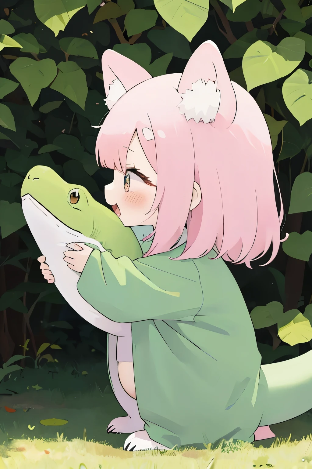 anime、Chibi girl wearing a deformed lizard costume、cute pose、Take a photo from the side、laughter