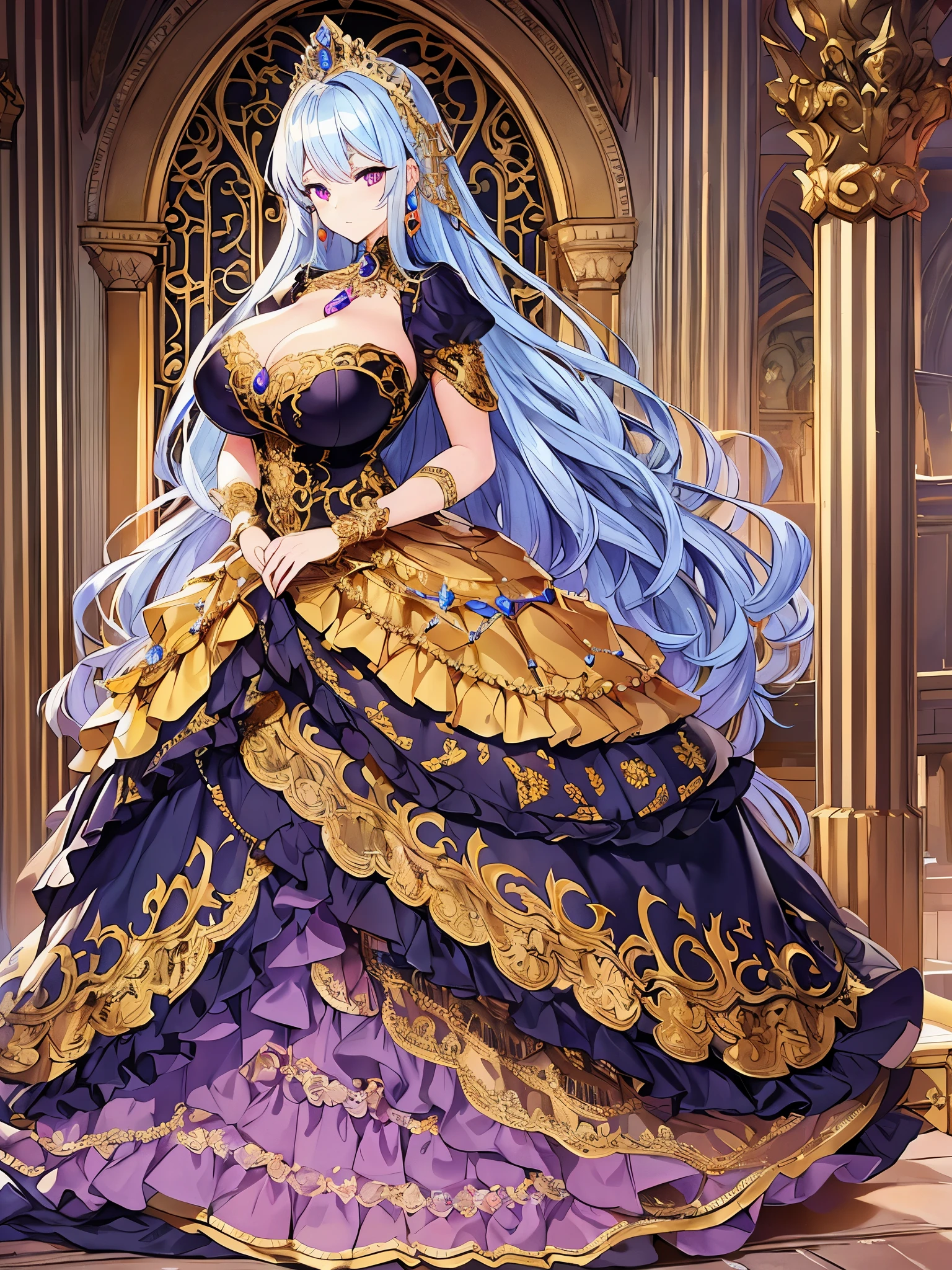 anime artstyle,Masterpiece,Best Quality,Super Detail,Very Delicate and Beautiful,Solo,full body,full body portrait,((1 princess in a jeweled rococo ballgown with beautiful embroidery)),(((very gigantic tits))),cleavage,Skindentation,((fantasy castle,outdoor)),((crinoline,long train)),super detailed gorgeous princess ballgown with voluminous full length hoop skirt,gorgeous princess rococo ballgown with long train,gorgeous princess rococo ballgown with beautiful embroidery and jeweled,(detailed face and eyes),jewel-like eyes,((extremely voluminous straight Hair,Extremely Long Straight Hair)),extremely gorgeous hair ornament,((extremely gorgeous jeweled big tiara)),luxurious jewelry,((super detailed gorgeous princess rococo ballgown with voluminous full length hoop skirt)),full body