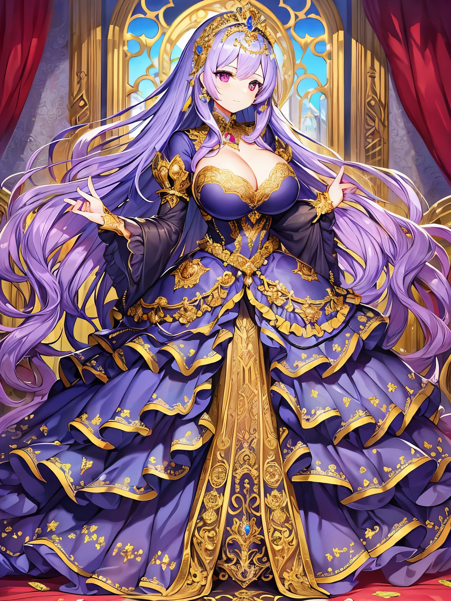 anime artstyle,Masterpiece,Best Quality,Super Detail,Very Delicate and Beautiful,Solo,full body,full body portrait,((1 princess in a jeweled rococo ballgown with beautiful embroidery)),(((very gigantic tits))),cleavage,Skindentation,((fantasy castle,outdoor)),((crinoline,long train)),super detailed gorgeous princess ballgown with voluminous full length hoop skirt,gorgeous princess rococo ballgown with long train,gorgeous princess rococo ballgown with beautiful embroidery and jeweled,(detailed face and eyes),jewel-like eyes,((extremely voluminous straight Hair,Extremely Long Straight Hair)),extremely gorgeous hair ornament,((extremely gorgeous jeweled big tiara)),luxurious jewelry,((super detailed gorgeous princess rococo ballgown with voluminous full length hoop skirt)),full body