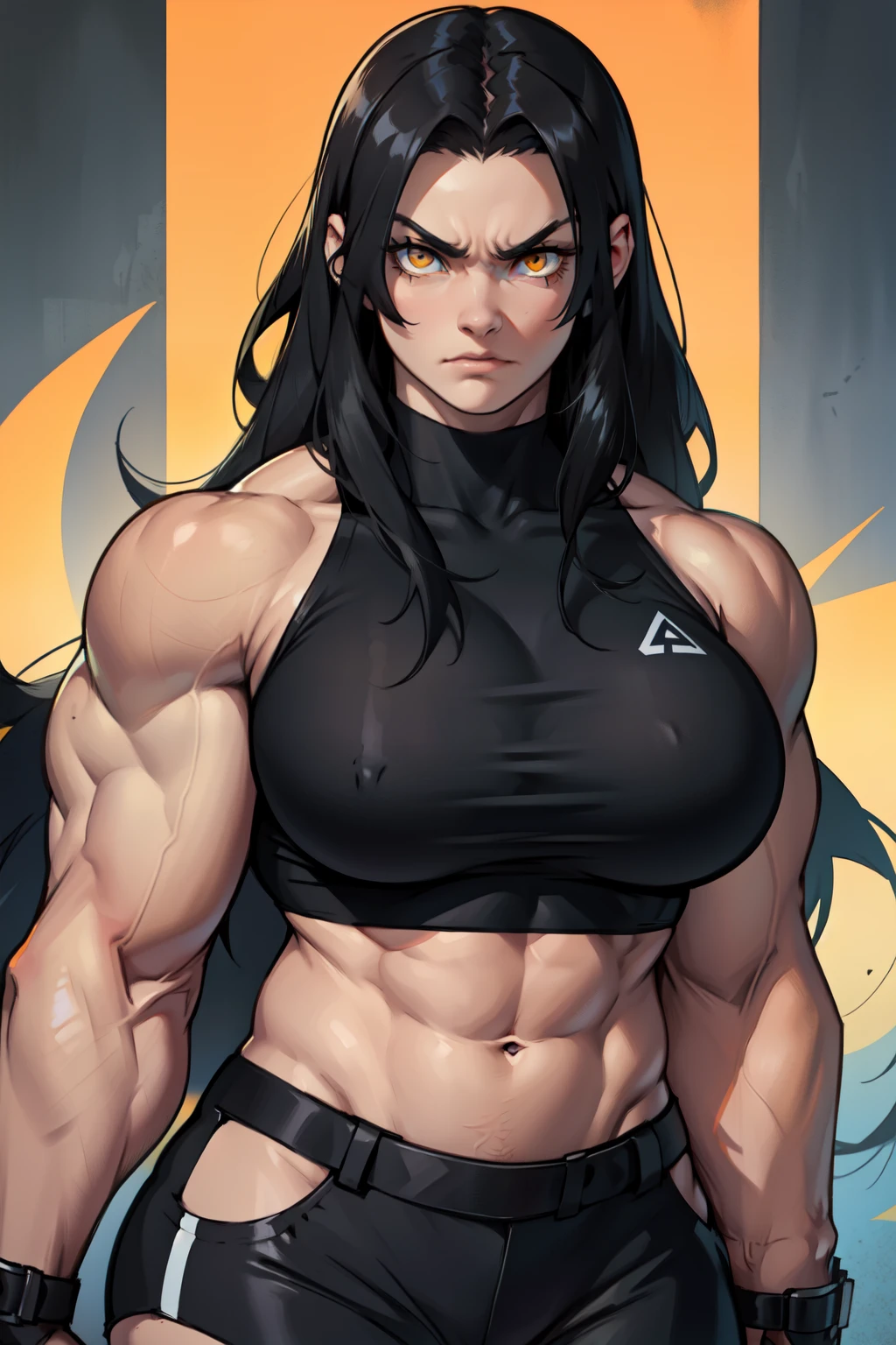 angry (((1girl huge muscles))) pale skin black hair very long hair yellow eyes midriff