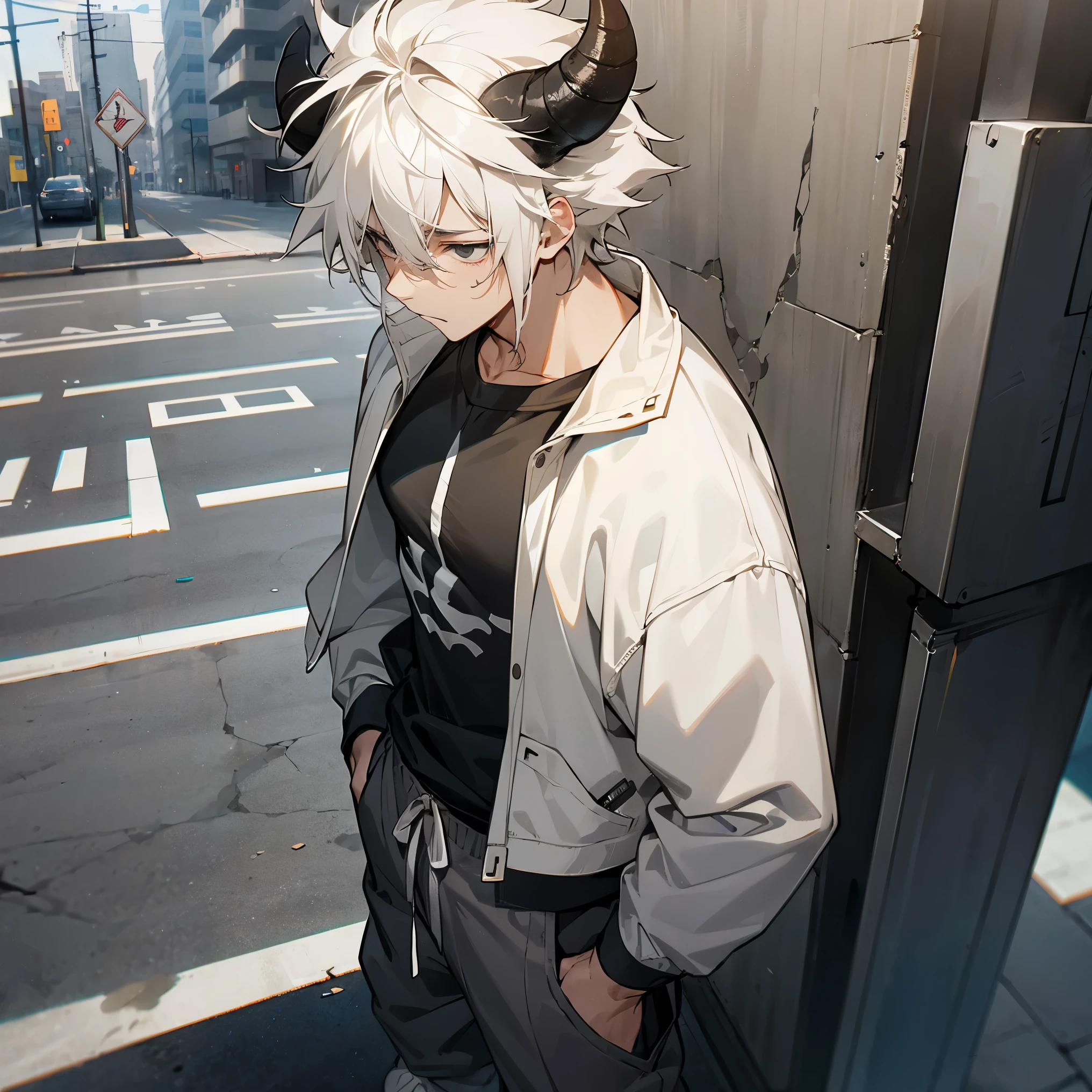 1male , White Hair ,Messy Hair, Black Eyes , Somber Expression , Muscular , Male ,,Baggy Grey Sweatpants,Standing on sidewalk , Modern Neighborhood Background, Bull Horns