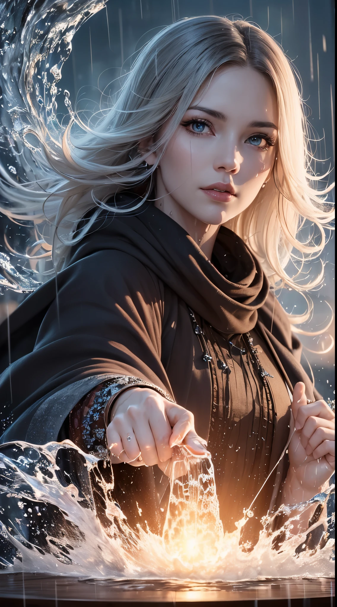 (skin dents:1.5), realistic, realistic, (table top:1.5), concept art, intricate details, very detailed, realistic, octane rendering, 8k, unreal engine, dynamic pose, highest quality, High resolution, (realistic face:1.1), (超realistic:1.1), ((full_body)), perfect eyes,(shiny skin:1.2), (((hairstyle))), (((完璧な手のvery detailed背景), haunted island, ((dynamic background)), ((lightning)), (light), (1 girl), wearing a cloak, (((flowing cloak))), ((fine eyes, high quality eyes, high quality face)), long hair, (((flowing hairstyle))), 1 girl ((Control the water)), (((whirlwind of water))), Ocean, tsunami, magic, (create a dramatic, Depth of the bounds written, Bokeh, 4k, gothic, ((rain)), energy ball between hands