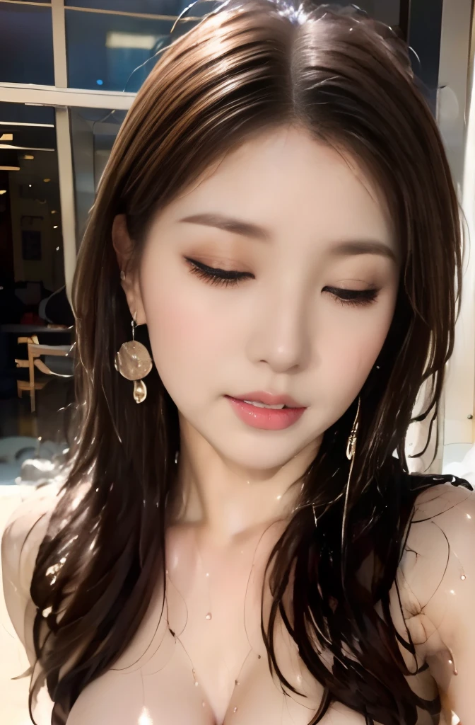 (24 year old lover), (big breasts:1.3),show the breasts,Cafe、(naked: 1.3), (maximum resolution: 1.4), (Super high quality: 1.2), cinematic light, Super high quality,My cheeks turned red:1.2、 (beautiful eyes and skin), (detailed facial features), NSFW:1.5, 8K resolution, perfect style, beautiful expression、Highly detailed face and skin texture、detailed eye、double eyelid、glitter eyeliner:1.2、shiny skin、pure white skin:1.8、white skin:1.8、red rouge、dark lipstick:1.2、shiny small earrings、((wet lips:1.2)),glossy lips:1.2、((full body shot:1.2))、(straight hairstyles、light brown hair)、(facing the front),long hair、(Close your eyes and ask for a kiss:1.3),From above