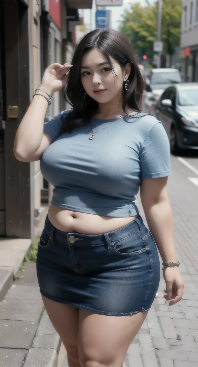 ((best quality)), ((masterpiece)), (detailed), perfect face, araffe woman in a dark-blue shirt and blue denim skirt walking down a street, thicc,  wavy  hair , she has a jiggly fat round belly, bbwchan, wearing tight simple clothes, skinny waist and thick hips, widest hips, her belly is fat and round, soft curvy shape, hyperrealistic full figure, wearing a cute top, wide hips, wearing 10 bracelet , wearing huge diamond necklace 