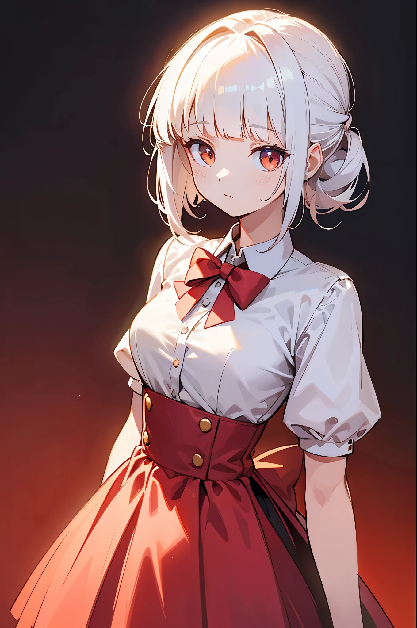 1girl, solo, she is 19, medium hair,{bridal updo}, blunt bangs, white hair, cute big eyes, small breasts, upper body, she stood up straight, her facial expression cute and expect ant, wearing formal school clothes, anime, cinematic lig hting, uhd, super detail, black and red background.