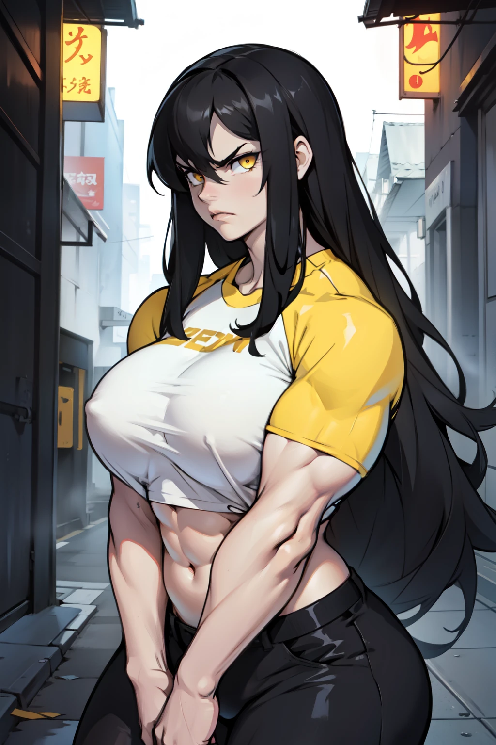 angry ((1girl huge muscles)) pale skin black hair very long hair yellow eyes midriff
