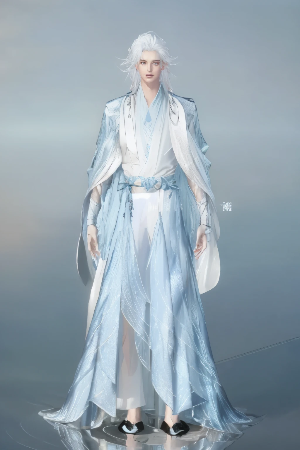 Beautiful people, Physically strong, white social shirt, black trousers, white social shoes, White hair in ponytail, silver eyes, Slender appearance, elegant, open arms, light blue bow tie, smiling look,walk.
