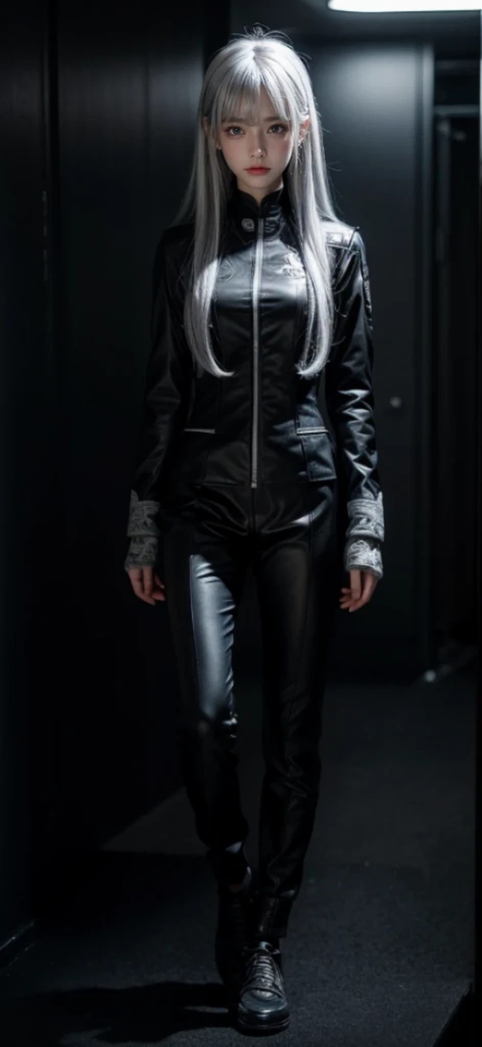 glossy hair,4fingers,{{{{{white eyes}}}}},{{{{{white eyes}}}}},{long hair},{{straight hair}},gloves,black clothes,black army suit,{army},{{{{{blunt bangs}}}}},hard hair,(slant eyes},{{full body},{{{1girl}}}, {{{{silver hair}}}},{{{tsurime}}},36 years old,white people,silver eyes,slender,{{{masterpiece}}}, {{{best quality}}}, {{ultra-detailed}}, {illustration}, {{an extremely delicate and beautiful}},detailed highly,detailed perfect,detailed hyper,military or naval uniform