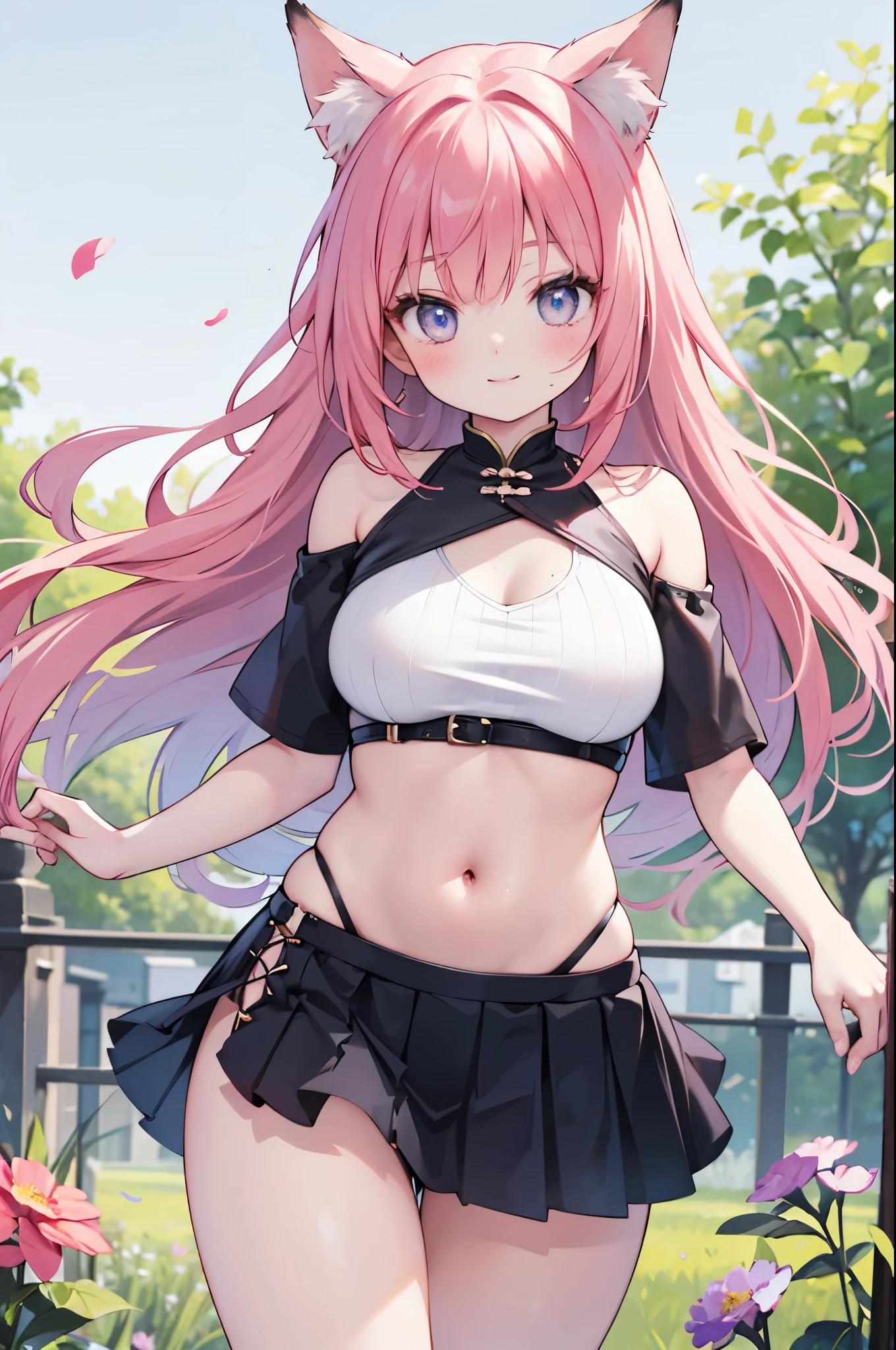 realistic image, coherent image, detailed image, 1 beautiful woman. She has pink hair, long hair. Her eyes are purple, long eyelashes, fox ears. Her face is oval and delicate, smiling. She is wearing a short-sleeved off-the-shoulder t-shirt, showing her navel, a white pleated mini skirt, a thin thong, and sneakers. She has a curvy body, medium breasts, thick thighs. background of a Taoist tempo, surrounded by a field of flowers, natural lighting, volumetric lighting,