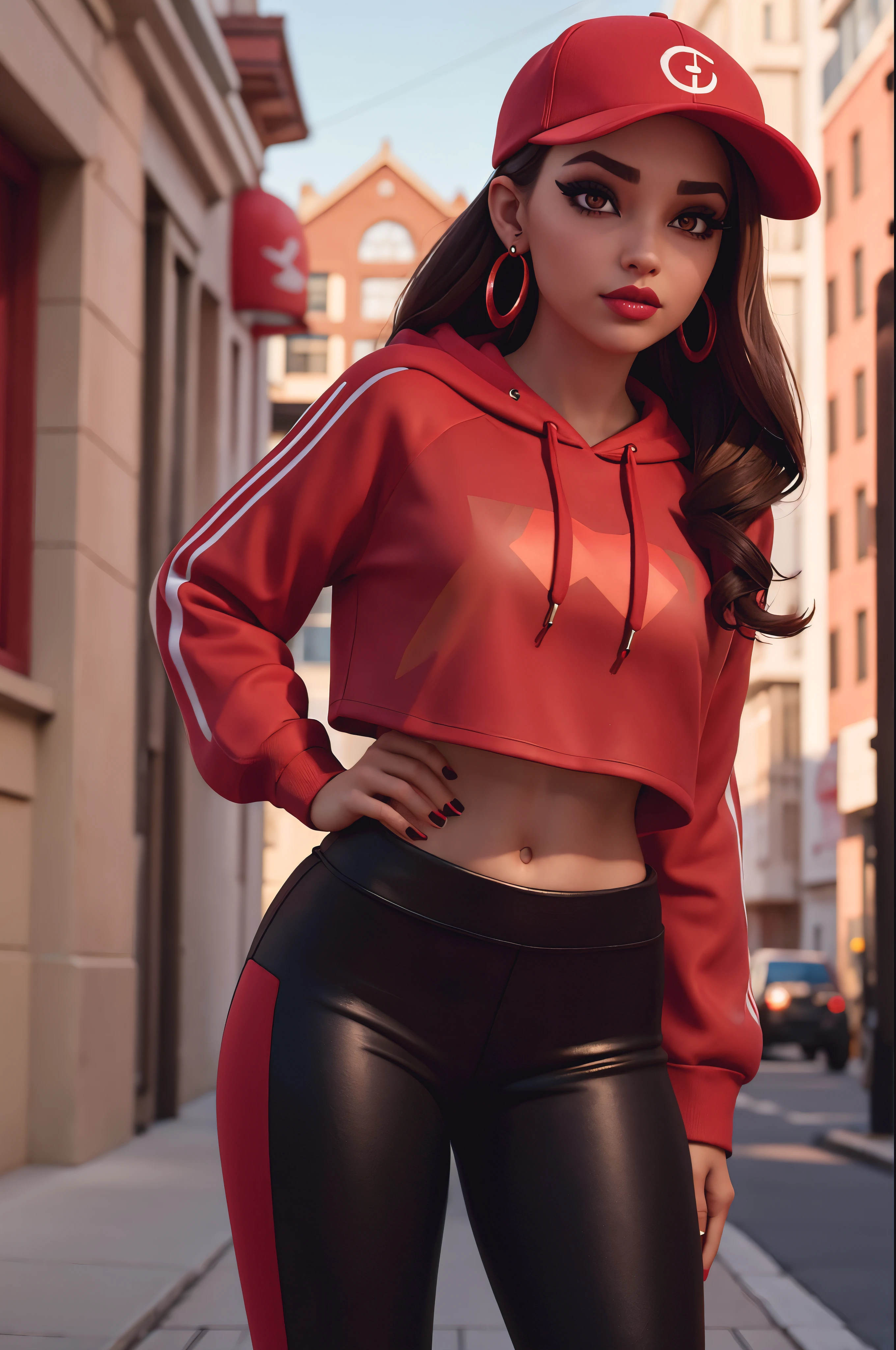 xyzruby, 1girl, brown hair, beautiful, earrings, makeup, vibrant, eyeliner, mascara, 3d render style, looking at viewer, midriff, cropped hoodie, red headwear, red hoodie, leggings, cap, stripe pattern