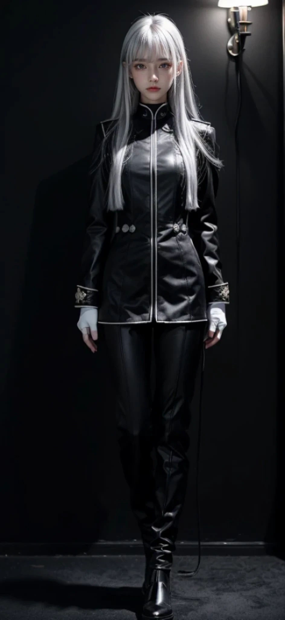 shiny hair,4 fingers,{{{{{White eyes}}}}},{{{{{White eyes}}}}},{long hair},{{straight hair}},black gloves,black clothes,black military suit,{military},{{{{{dull bangs}}}}},Hard hair,(slanted eyes},{{whole body},{{{1 girl}}}, {{{{silver hair}}}},{{{Tsurime}}},36 years old,white people,silver eyes,thin,{{{masterpiece}}}, {{{highest quality}}}, {{super detailed}}, {figure}, {{very delicate and beautiful}},very detailed,detailed perfect,detailed hyper,militaryまたは海militaryの制服