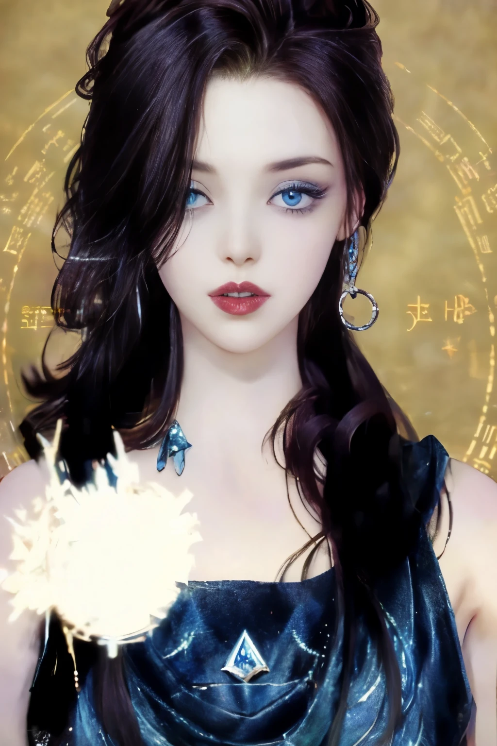 best quality, masterpiece, black hair, blue eyes, look up, Upper body