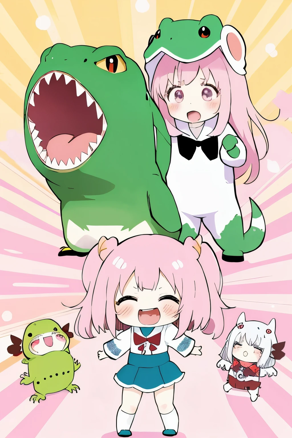 anime、Chibi girl wearing a deformed lizard costume、cute pose、laughter