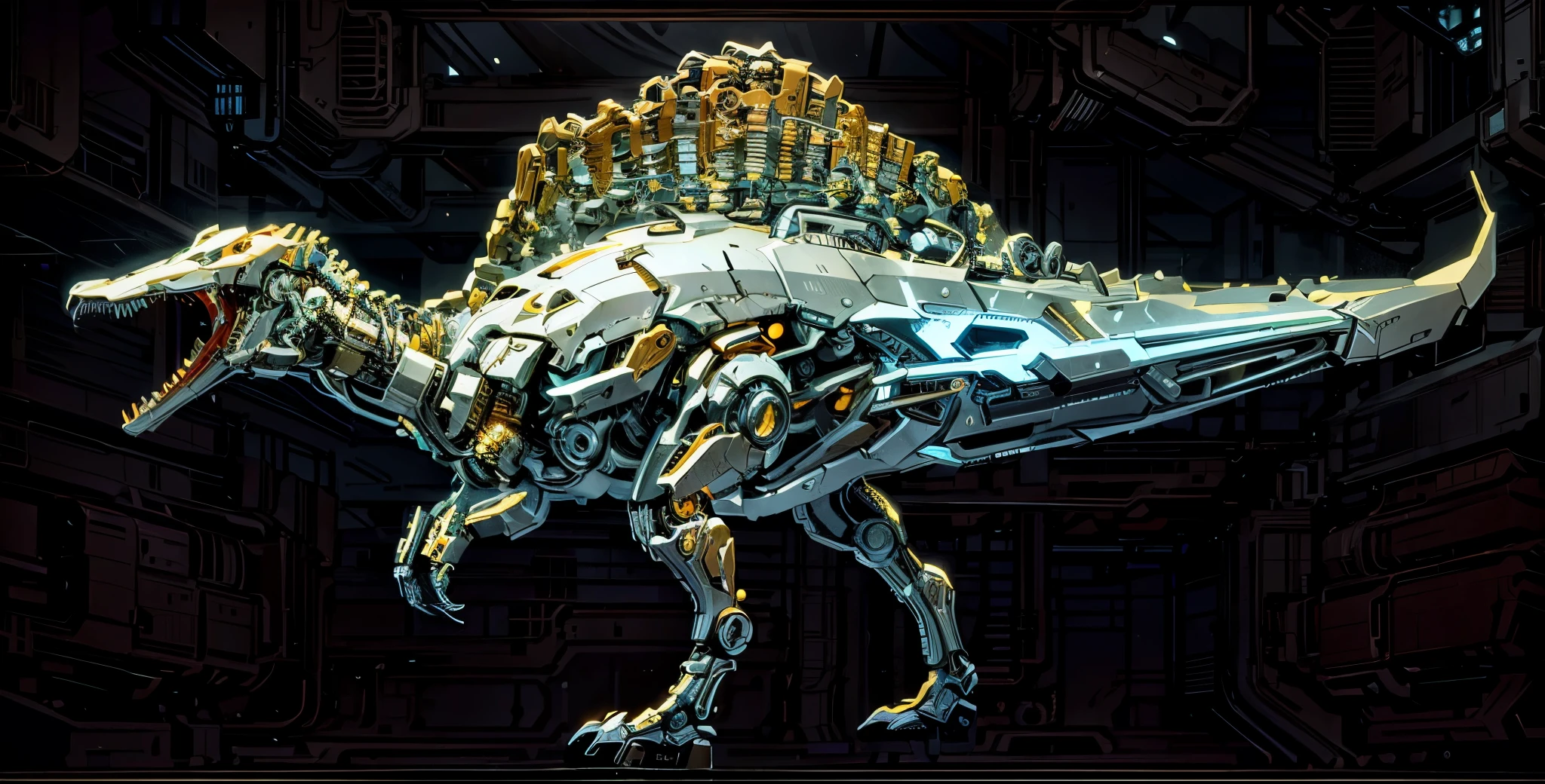 (futuristic:1.5,cyberpunk),(Black canvas background:1.4,blurred background:1.4), Mechanical Spinosaurus, (Mechanical body:1.2, mechanical limbs:1.2, gear joints, Glowing eyes, realistic scifi cyberpunk armo),Ray Tracing, Reasonable structure,backlight, close up, Mechanical elements,cybernetic, complex,Selective focus, high res