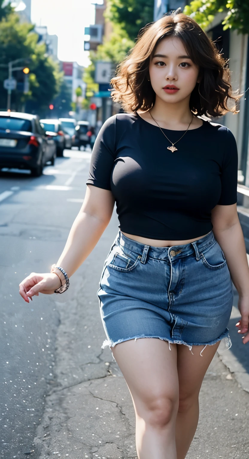 ((best quality)), ((masterpiece)), (detailed), perfect face, araffe woman in a dark-blue shirt and blue denim skirt walking down a street, thicc, Curly wavy curly hair , she has a jiggly fat round belly, bbwchan, wearing tight simple clothes, skinny waist and thick hips, widest hips, her belly is fat and round, soft curvy shape, hyperrealistic full figure, wearing a cute top, wide hips, wearing 10 bracelet , wearing huge diamond necklace 