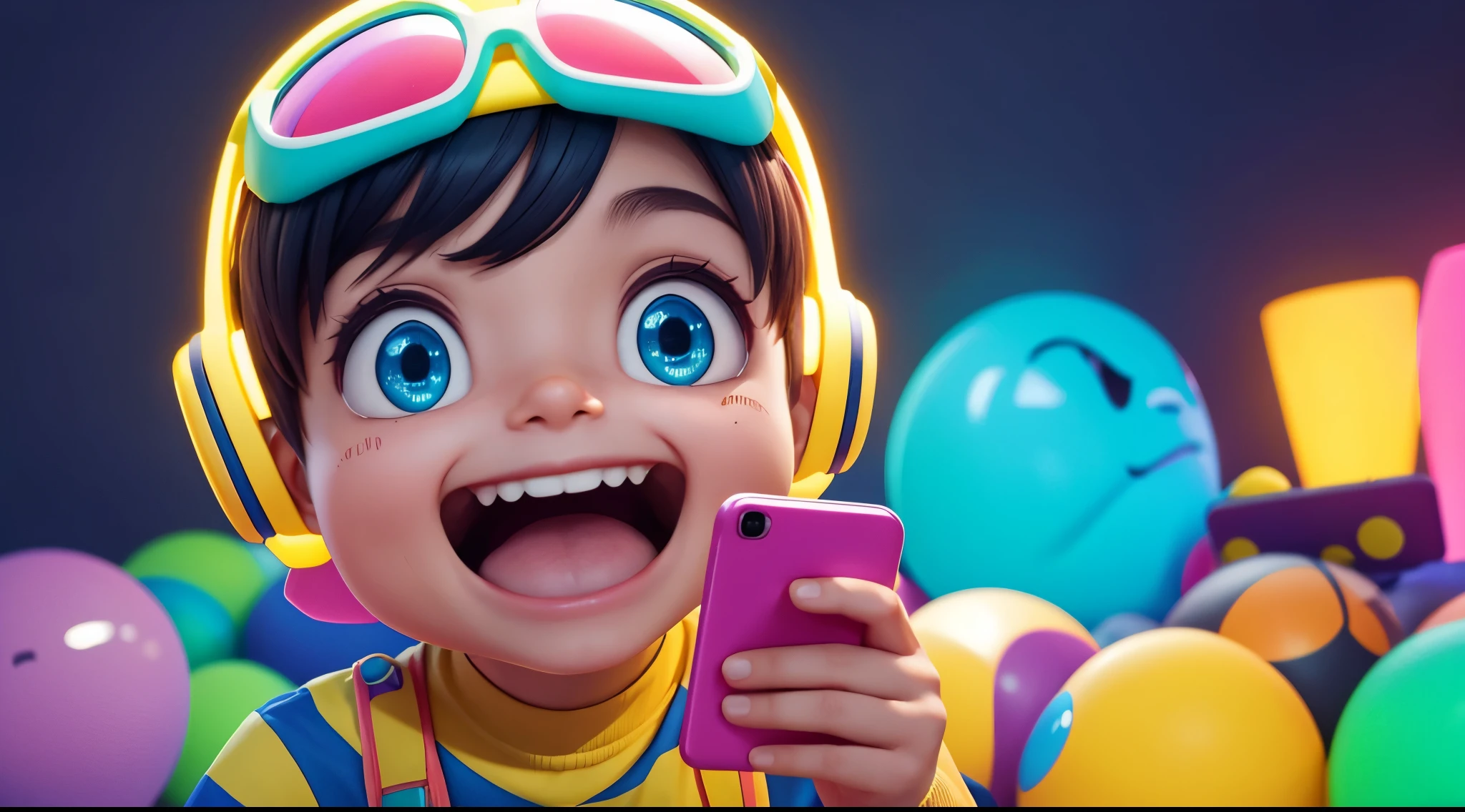 a cute boy with smartphone in his hand, sorrindo, olhos expressivos, 3d , 32k, extremamente detalhado, ultra realista, estilo pixar, neon colors