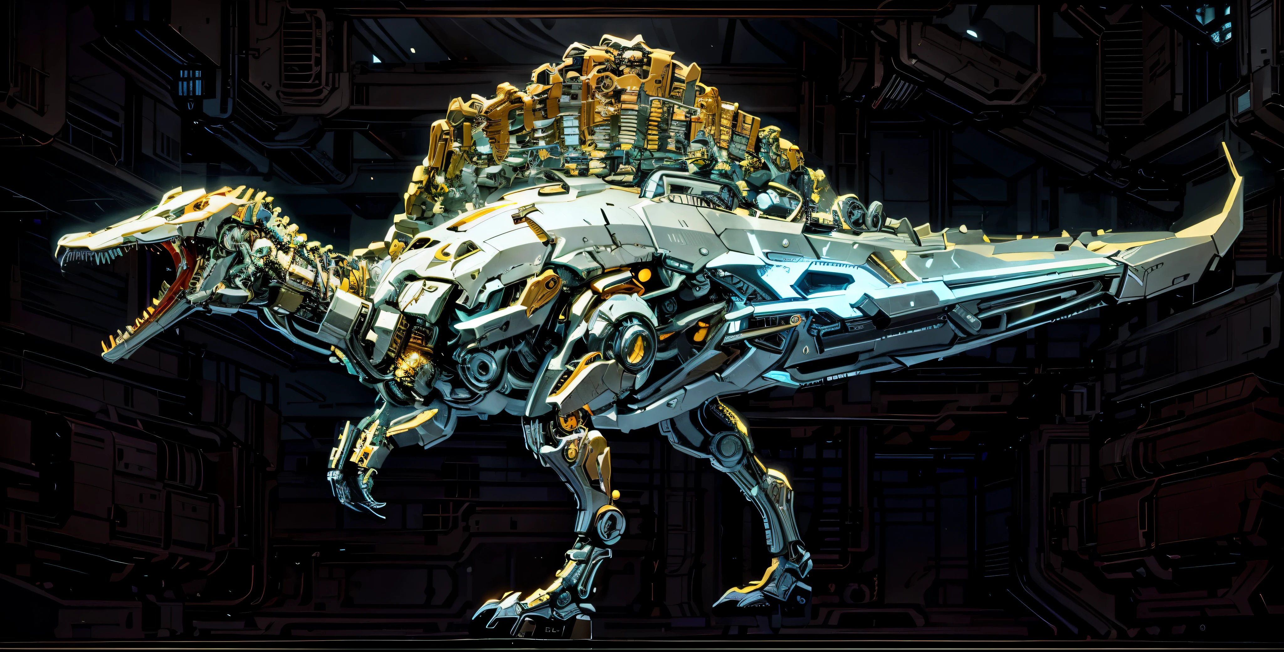 (futuristic:1.5,cyberpunk),(black canvas background:1.4,blurred background:1.4), Mechanical Spinosaurus, (Mechanical body:1.2, mechanical limbs:1.2, Gear joint, glowing eyes, realistic scifi cyberpunk armo),Ray tracing, Reasonable structure,backlight, close up, mechanical components,cybernetic, complicated,Selective focus, high resolution