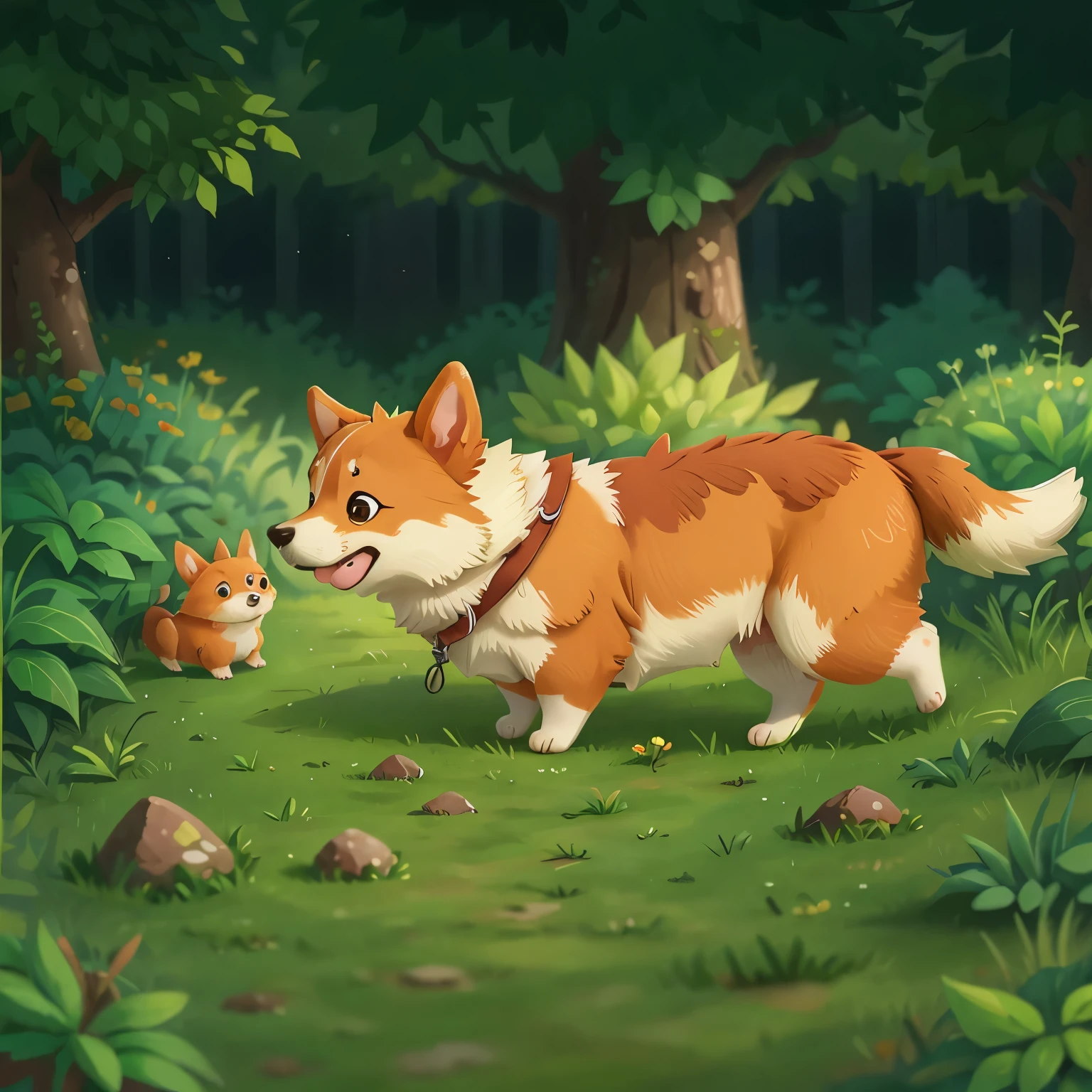 A corgi dog walking in the forest