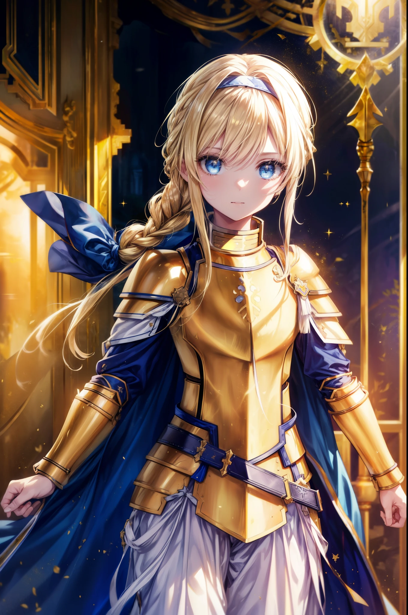 allisburg, Alice Zuberg, bangs, blue eyes, blonde hair, hair between eyes, very long hair, Braid, hair band, white hair band,
break dress, cape, armor, blue clothes, shoulder armor, gauntlet, pauldron, breastplate, armored dress, mistake, blue cape, knight, (gold armor:1.5), body armor,A golden sword is stuck in the ground,Right hand resting on hip,
break outside, forest, nature, sun, null,
break looking at viewer, (cowboy shot:1.5),
break (masterpiece:1.2), highest quality, High resolution, unity 8k wallpaper, (figure:0.8), (detailed and beautiful eyes:1.6), highly detailed face, perfect lighting, Very detailed CG, (perfect hands, perfect anatomy),