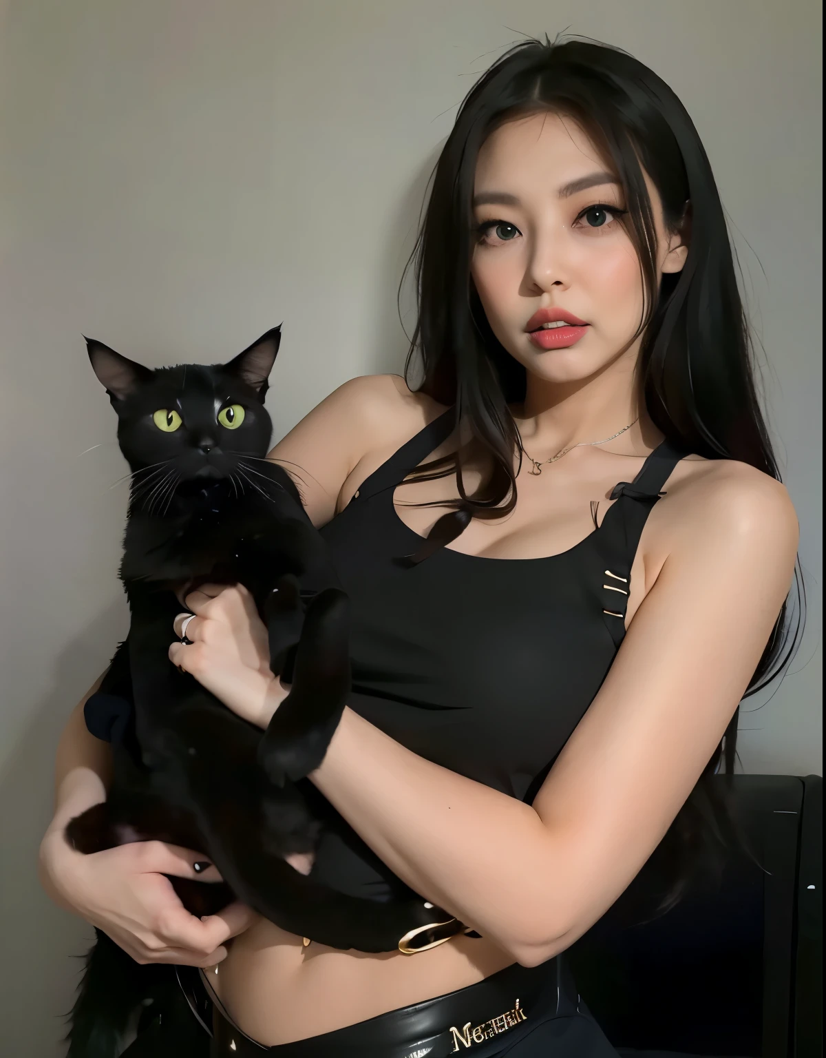 Araffe woman holding a black cat in her arms, garota gato atraente, linda jovem gata, muito linda gatinha fofa, she is wearing a black blouse, com preto, ela tem cerca de , she is holding a cat in her arms, com gatinho no colo, cruel korean goth girl, there is a cat next to her