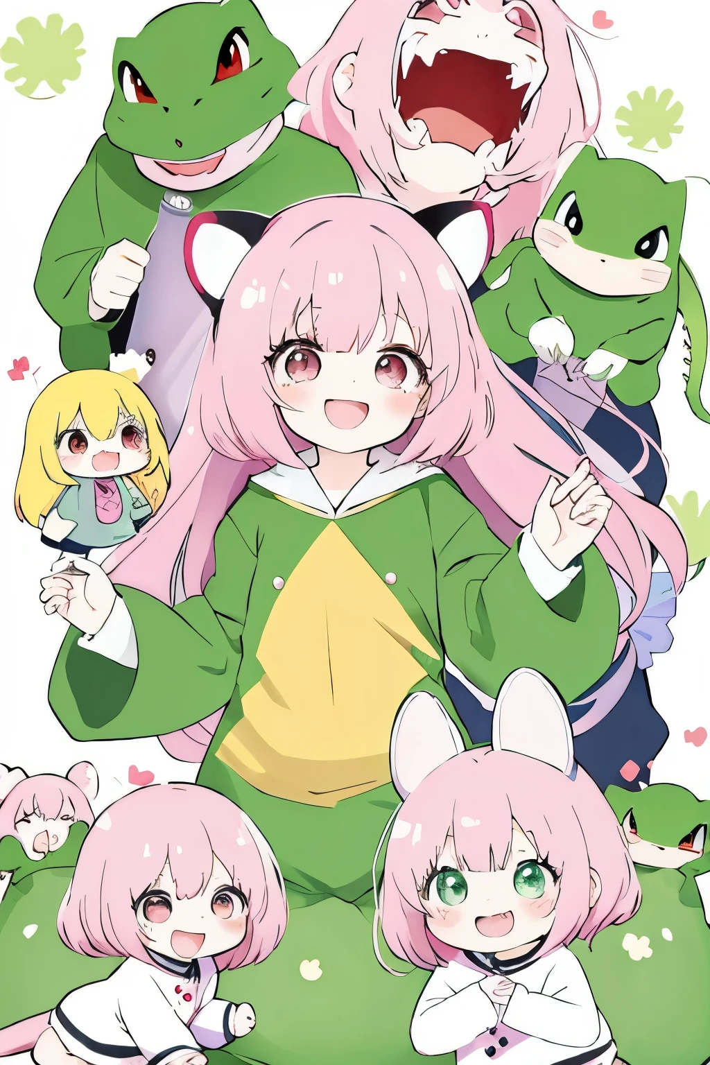 anime、Chibi girl wearing a deformed lizard costume、cute pose、laughter