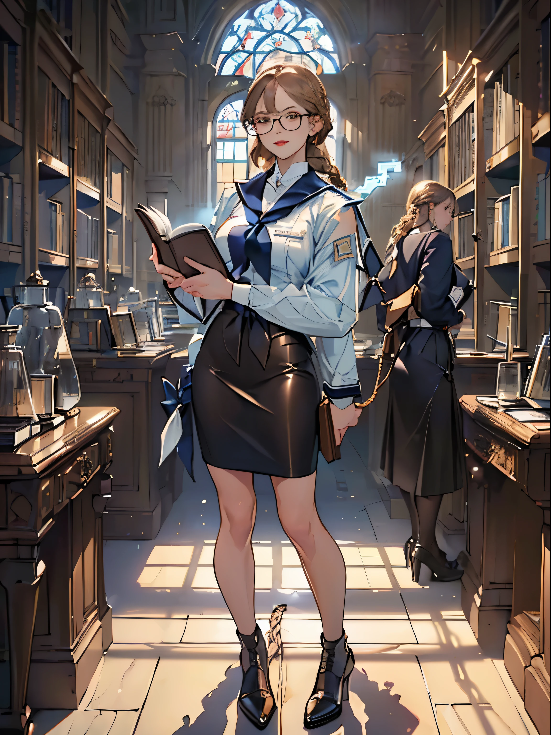 masterpiece, super detailed, 8K portrait, RAW photo, portrait photography, whole body, highly detailed face, ((fantasy)), young and beautiful, 27 years old, smile, ((((librarian))), Stand with your hands on your chest, (((light brown fishtail braid hair))) fluttering in the wind, dull bangs, (((glass cord))), (((white collar navy blue librarian uniform with light blue tie)), (((Dark brown) leather pencil skirt)), black tights, ((have a book)), midday sun, surreal, body model, small breasts, beautiful breasts, long legs, In a large library, environmental lighting, shadow details , focus the camera on the face, strong wind, light fog