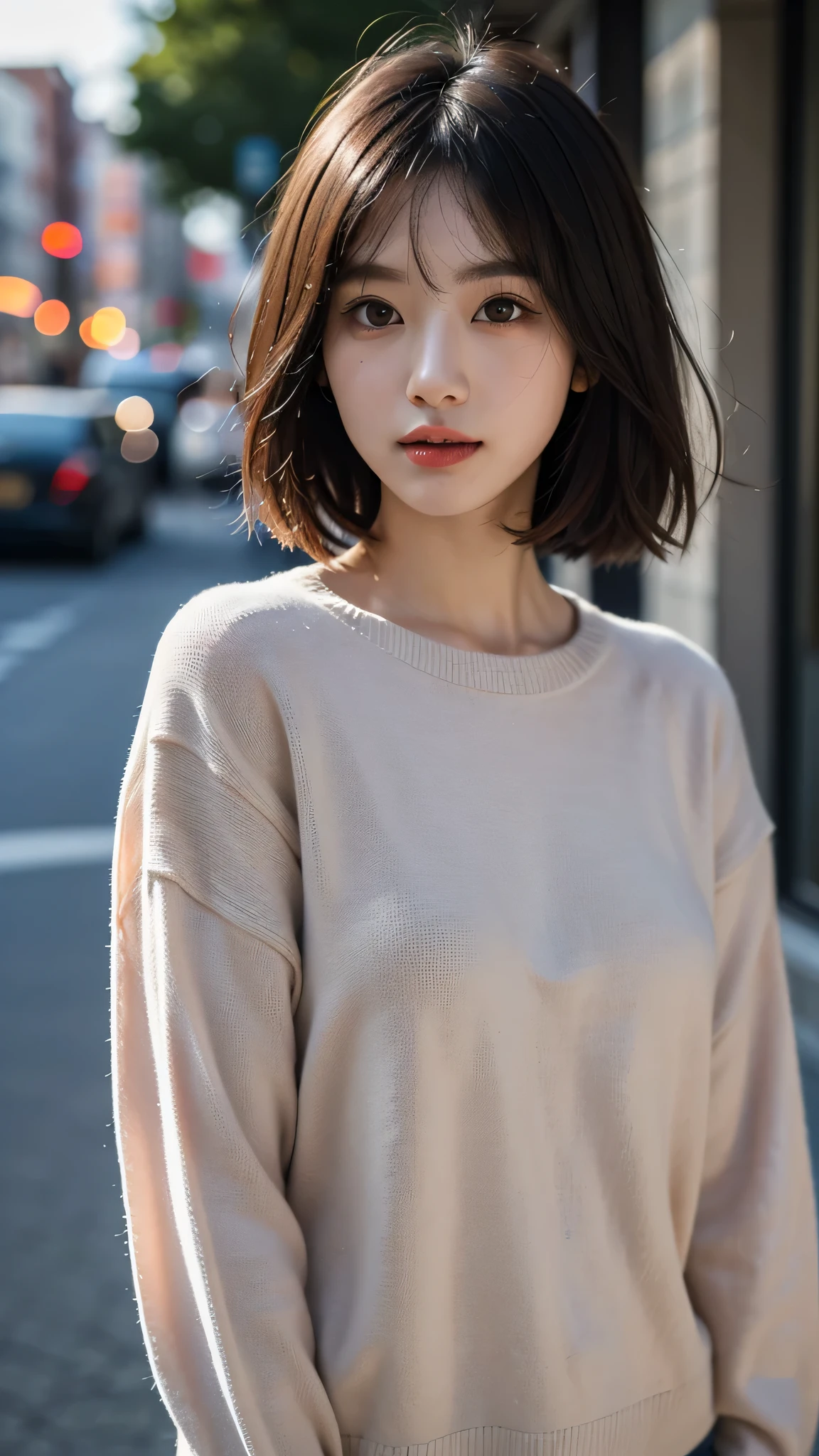 (Highly detailed CG Unity 8k wallpaper,table top, highest quality, super detailed, looking at camera:1.2, light shines on your face:1.5, gray background, professional lighting), Living in Japan３０old woman、short hair, black haired, plump facial contours:1.5, (thin eyebrows:1.25), big shining eyes, small nose, Soft mouth, physically thin, (shirt under sweater), sincere impression, noble mix fix v3.0