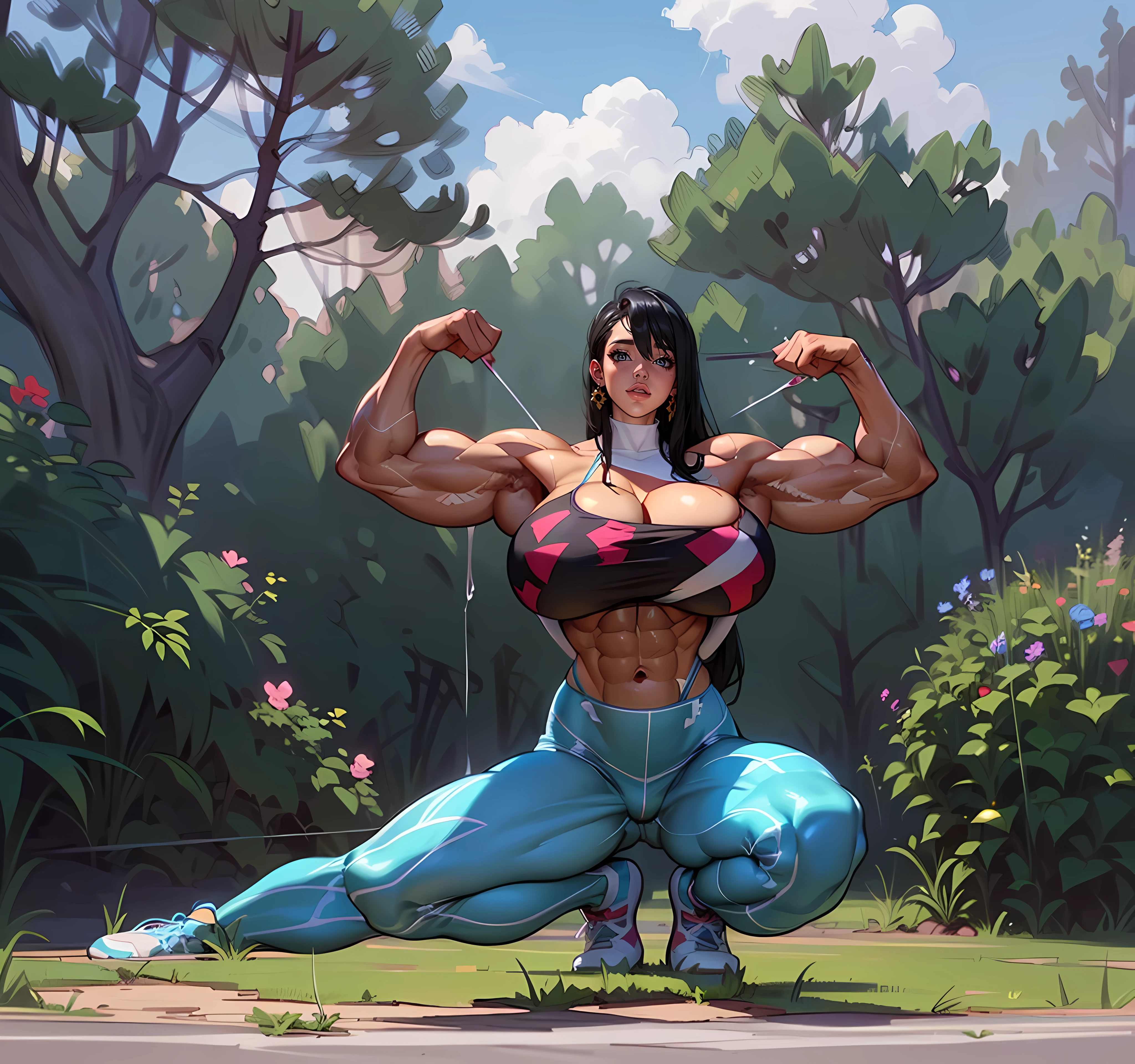 ((Masterpiece)), ((Best Quality)), ((Solo)), ((alone)), ((1girl)), (((accurate anatomy))), (((Huge breasts))), ((long legs)), ((wide hipuscular Legassive Female Bodybuilder))), (((((Huge Muscles))))), beautiful, slacks, tube top,black hair, porcelain skin tone, gigantic breasts, highly detailed, masterpiece, slendered abs, puffy lips