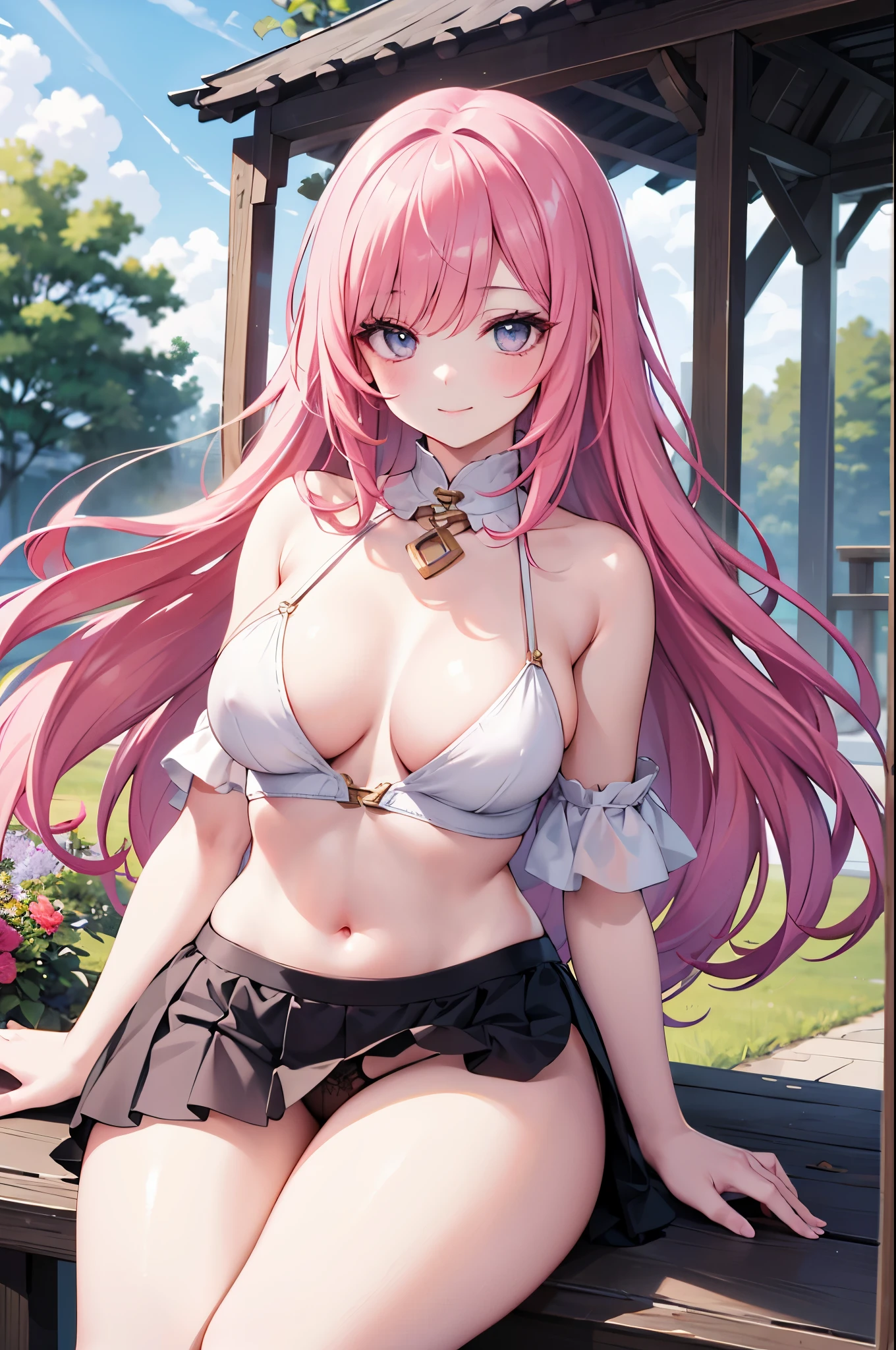 realistic image, coherent image, detailed image, 1 beautiful woman. She has pink hair, long hair. Her eyes are purple, long eyelashes, fox ears. Her face is oval and delicate, smiling. She is wearing a short-sleeved off-the-shoulder t-shirt, showing her navel, a white pleated mini skirt, a thin thong, and sneakers. She has a curvy body, medium breasts, thick thighs. background of a Taoist tempo, surrounded by a field of flowers, natural lighting, volumetric lighting,