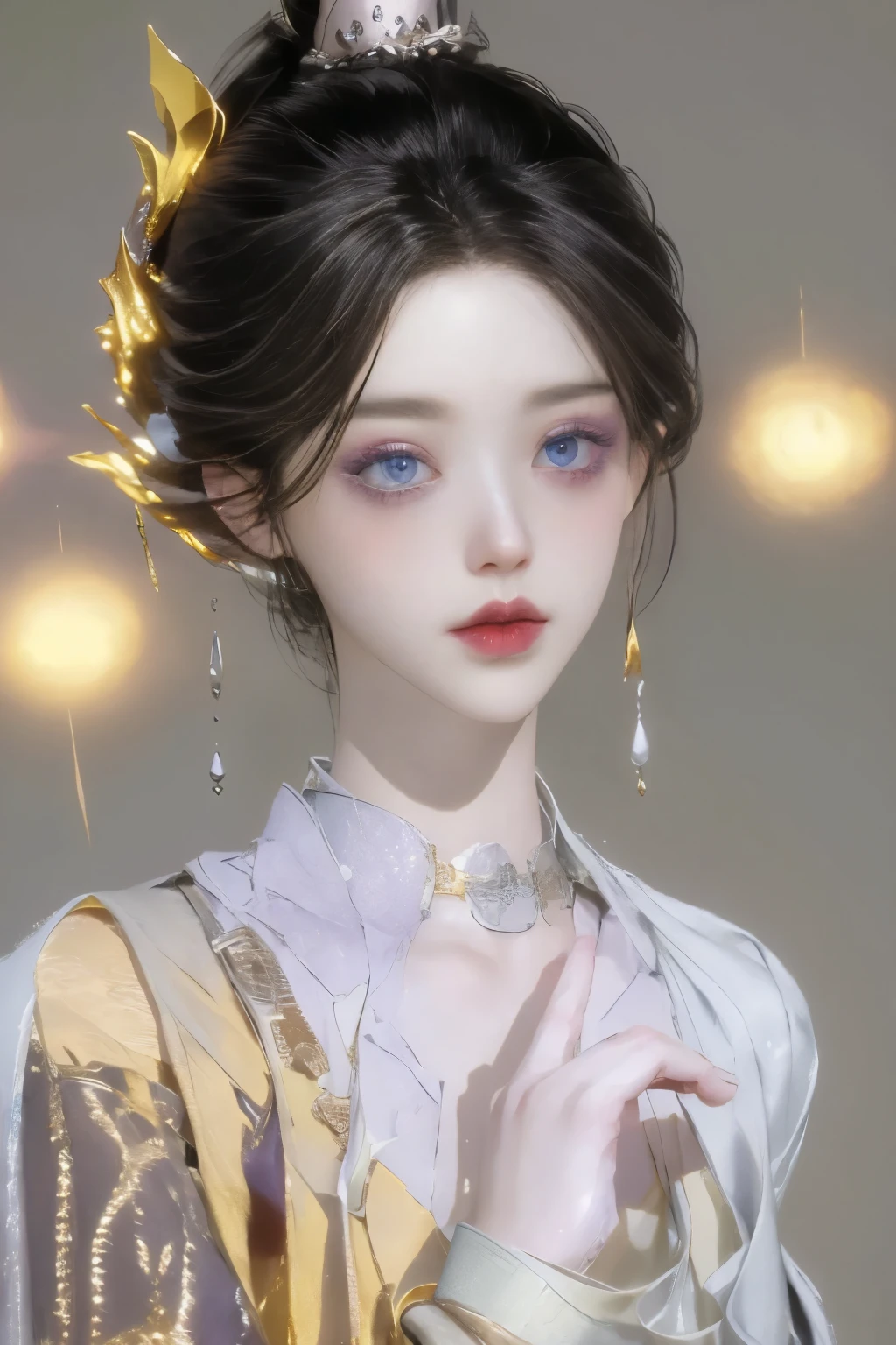 （best quality，masterpiece：1.2），ultra high resolution，realistically，front lighting，intricate details，Exquisite details and textures，（1 girl），solo，upper part of body，Purple Hanfu，好漂亮的big eyes，purple dress，Petal decoration，beautiful face，facing the audience，ribbon，gossamer，（young），facial highlights，Detailed production，tear nevus，White skin，silver hair，high ponytail，looking at the audience，big eyes，（hollow pattern），ear nipple ring，fit，White background，right hand，professional lighting，photon mapping，radio city，Physically based rendering
