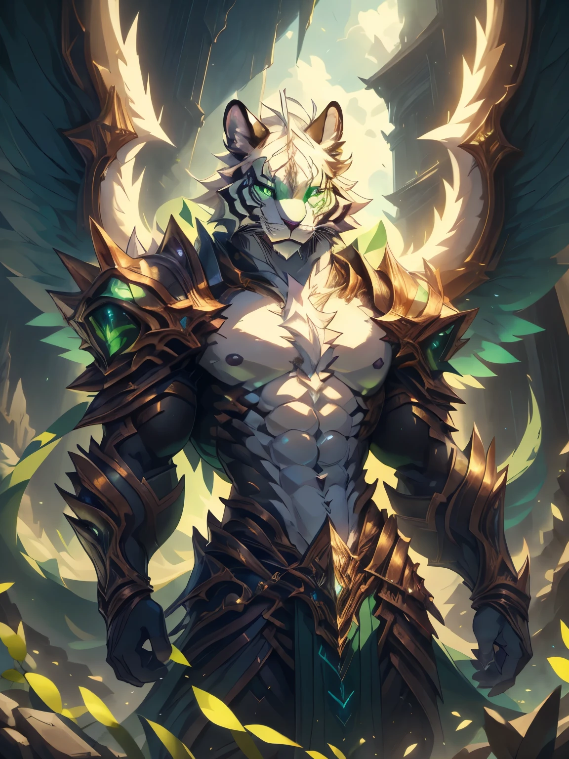 male, furry, Tiger anthro, solo, white fur, Green eyes, (Realistic eye details 1.2), V0id3nergy, abs, Masterpiece, dramatic lighting, soft lighting, day, highly detail, Hair coiled, epic fantasy art style, epic fantasy digital art style, anatomically correct, accurate, UHD, 1080P