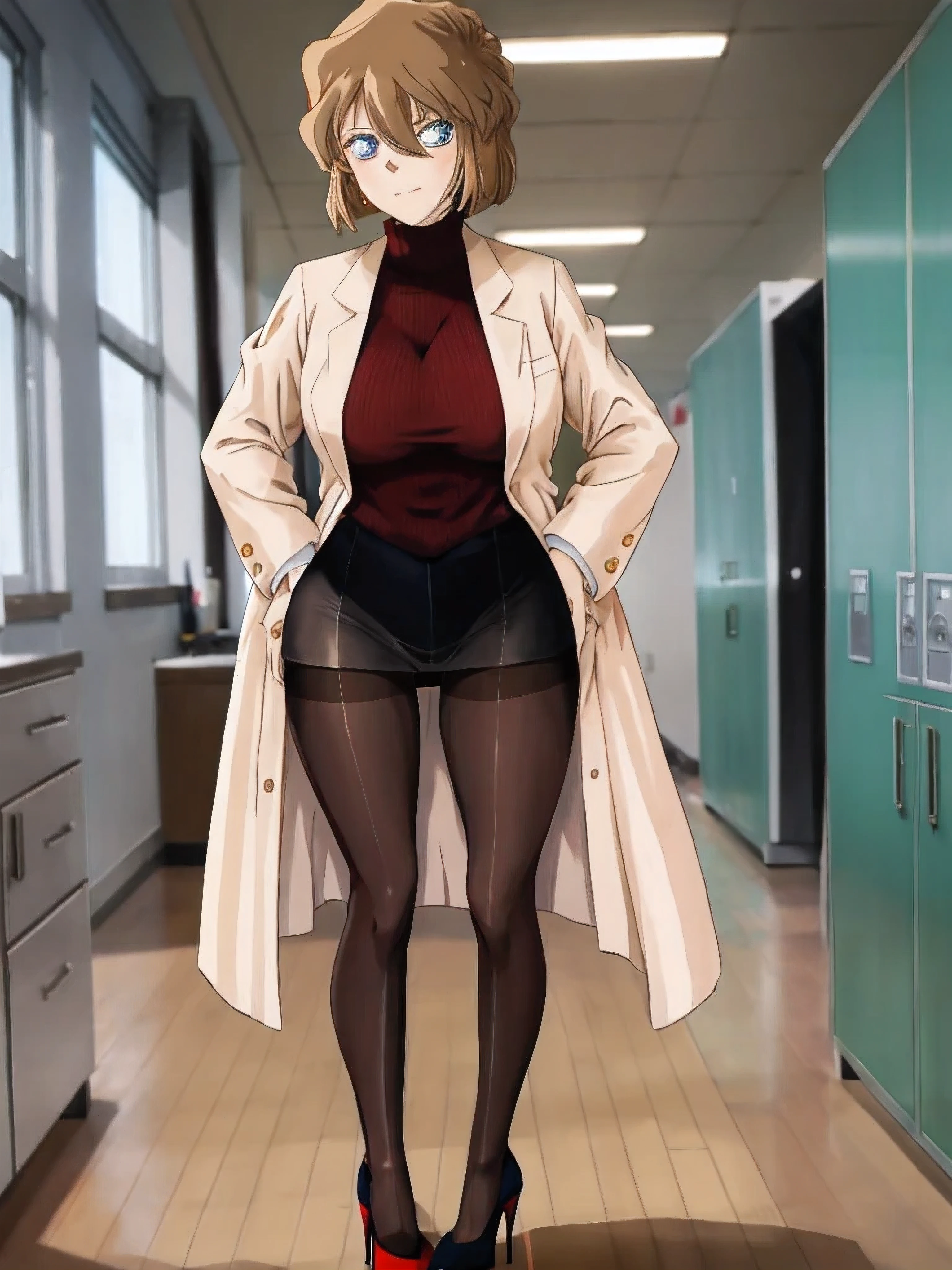 tetas desnudas, tacones altos, muslos, limpiar las caderas, pantys, bata de laboratorio