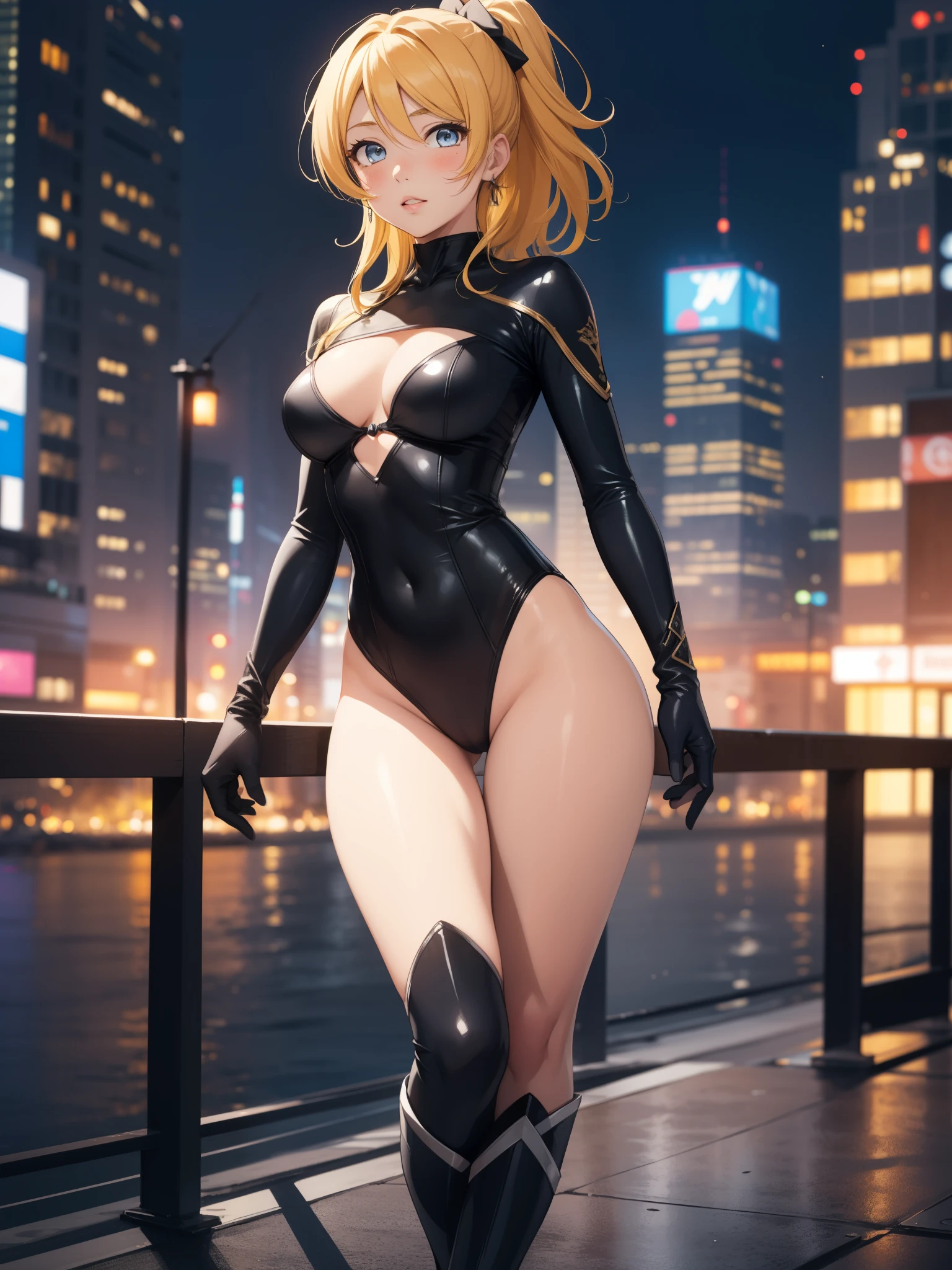 eliayase, eli ayase, yellow hair, blue eyes, ponytail, hair ribbon, masterpiece, best quality, high resolution, unity 8k wallpaper, illustration, beautiful detailed eyes, blush, glossy lips, lips parted, perfect lighting, extremely detailed CG, perfect anatomy, leotard, boots, matching boots, gloves, solo, single, standing, full body shot, cowboy shot, superhero, city backdrop